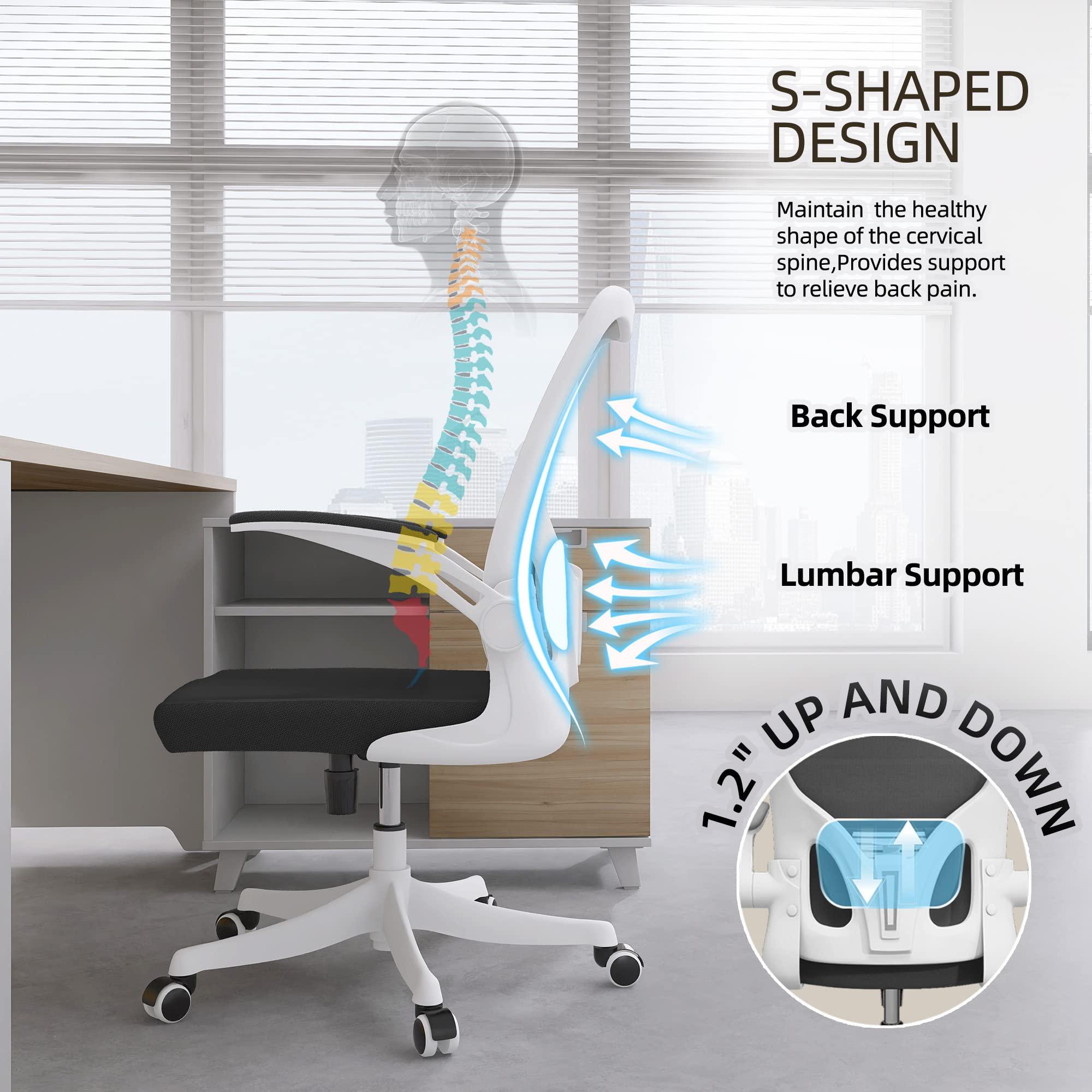 Monhey Monhey Office Chair - Ergonomic Office Chair with Lumbar Support & Flip Up Arms Home Office Desk Chairs Rockable High Back Swivel Computer Chair White Frame & Black Mesh Study Chair