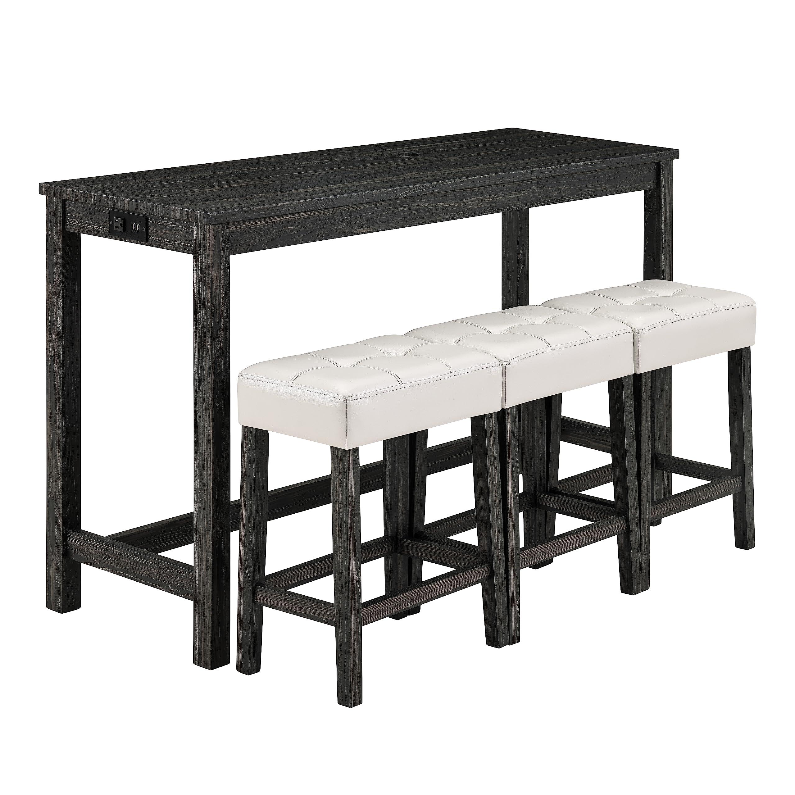 Kootlena Kootlena Bar Table Set with Power Outlet, Counter Height Pub Bar Table and Chairs Set, 4 Piece Wood Dining Table Set, Industrial Breakfast Table Set for Kitchen Dining Room Living Room (Black+White)