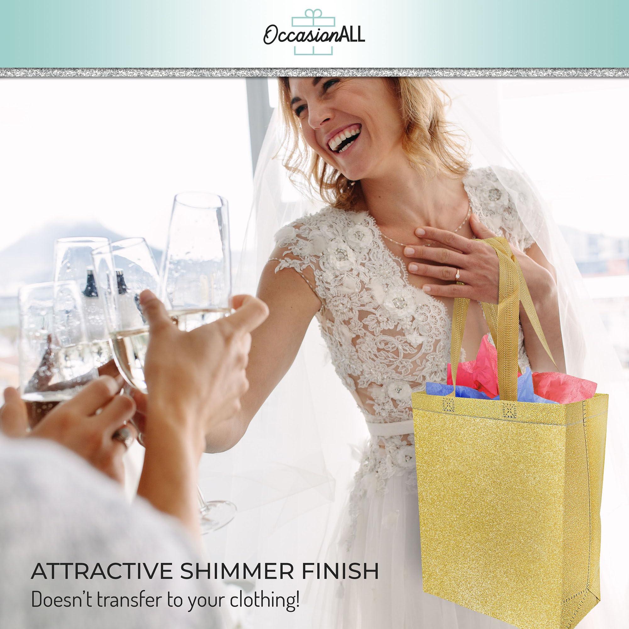 OccasionAll OccasionALL Gold Christmas Gift Bags, Large Reusable Glitter Totes with Handles for Holiday Shopping, Birthdays, Party, Events, Bulk, 10x5x13 12 Pack