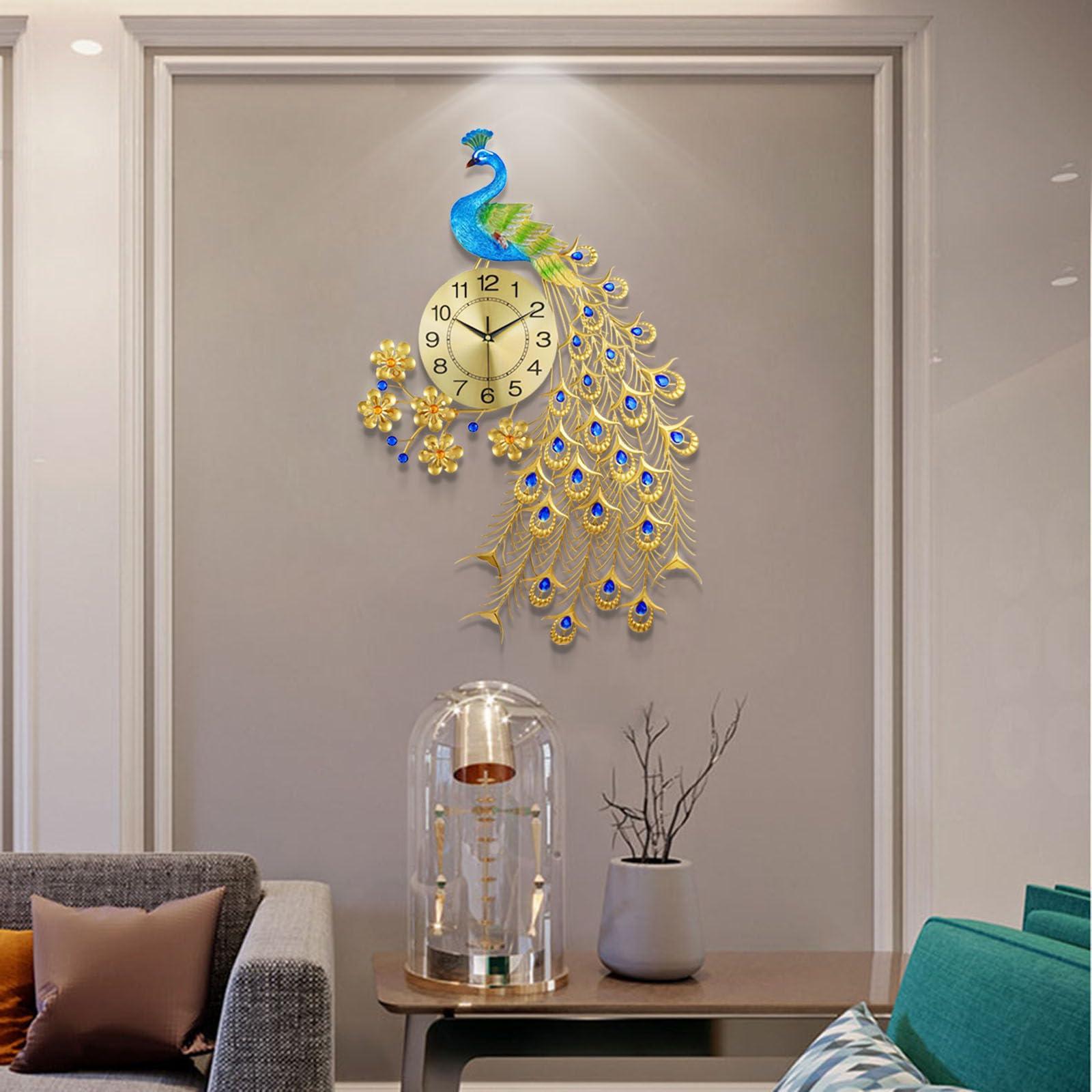 EURSON EURSON Large Peacock Wall Clock 31.5 inch Metal Design Non-Ticking Silent Art Digital Wall Clocks for Living Room Decor Gold