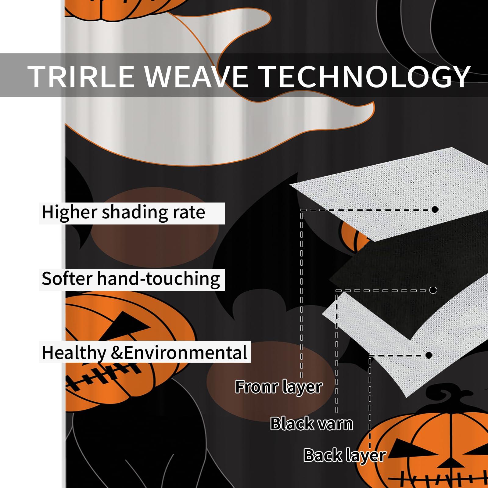 LHAITI Halloween Black White Orange Curtains for Bedroom 54 Inch Length Spooky Ghost Pumpkin Printed Rod Pocket Curtain Panels for Bedroom Blackout Curtains for Children's Room Halloween Party Kitchen