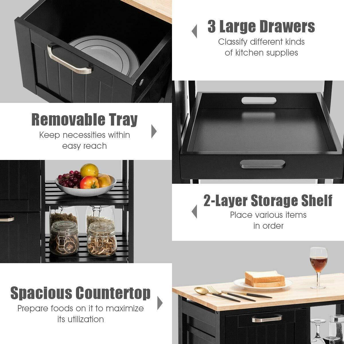 LHONE LHONE Rolling Kitchen Island Cart 3-Tier Industrial Wood Trolley Serving Cart Storage Cabinet Utility Cart on Wheels & Three Storage Drawers (Black)