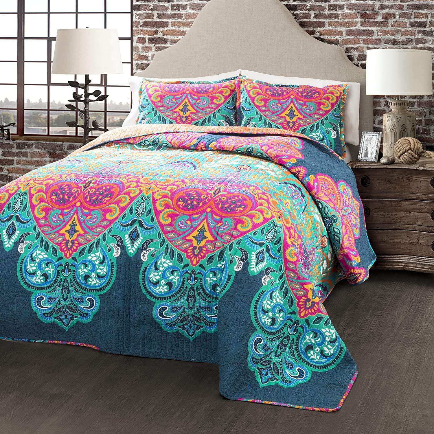 Lush Decor Lush Decor Boho Chic Reversible Cotton Quilt 3-Piece Set, King, Turquoise & Navy - Bright Paisley Print, Vibrant & Colorful Bohemian Bedding Set