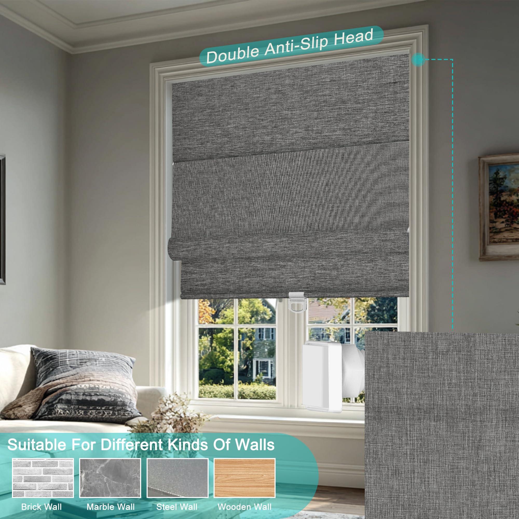 BERISSA BERISSA No Drill Cordless Roman Shades for Window, Blackout Roman Blinds Room Darkening Roll up Blinds Easy Install Linen Roman Window Shades for Inside Mount,28" W x 66" H,Linen Dark Gray