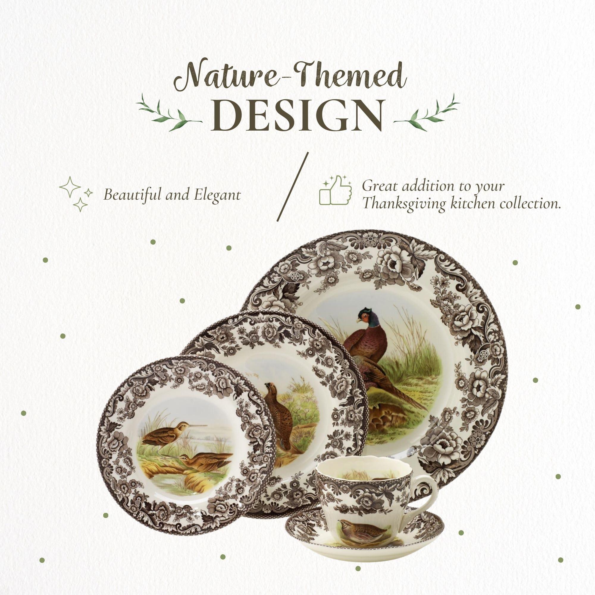 Spode Spode Woodland 5-Piece Thanksgiving Dinnerware Set - Porcelain Plates & Teacup and Saucer, Fall Dinnerware Collection - Microwave & Dishwasher Safe - Elegant Autumn Tableware