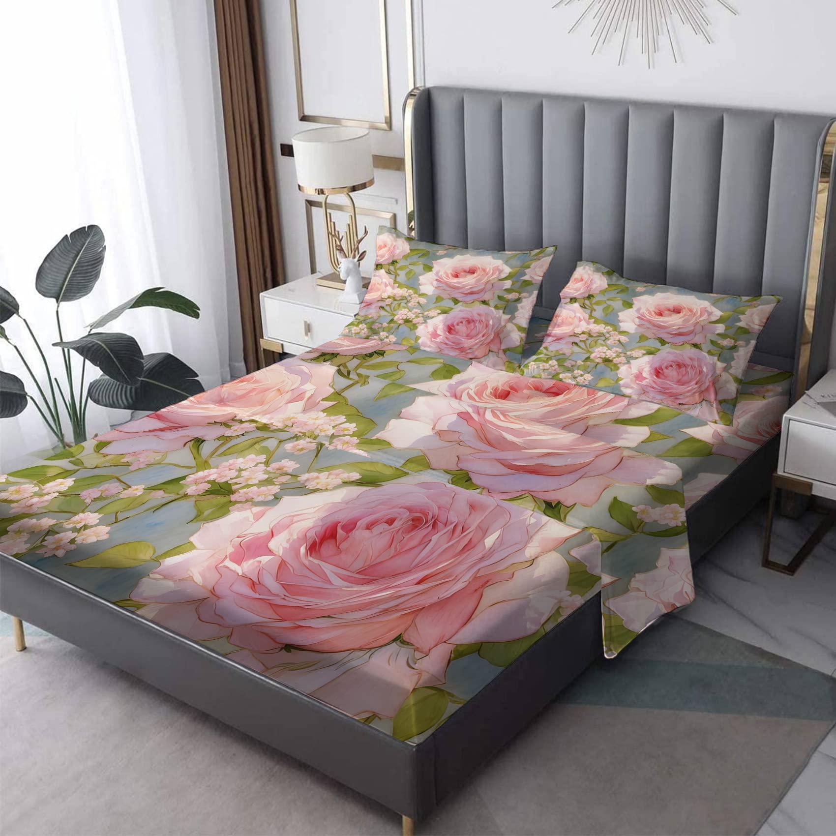 GEDAEUBA GEDAEUBA Pink Rose Sheets Full Size - Floral Bed Sheets for Kids Boys Girls, Botanical Sheet Set, Soft Microfiber & Deep Pocket & Wrinkle Free Fitted Sheet, Flat Sheet and Pillow Cases