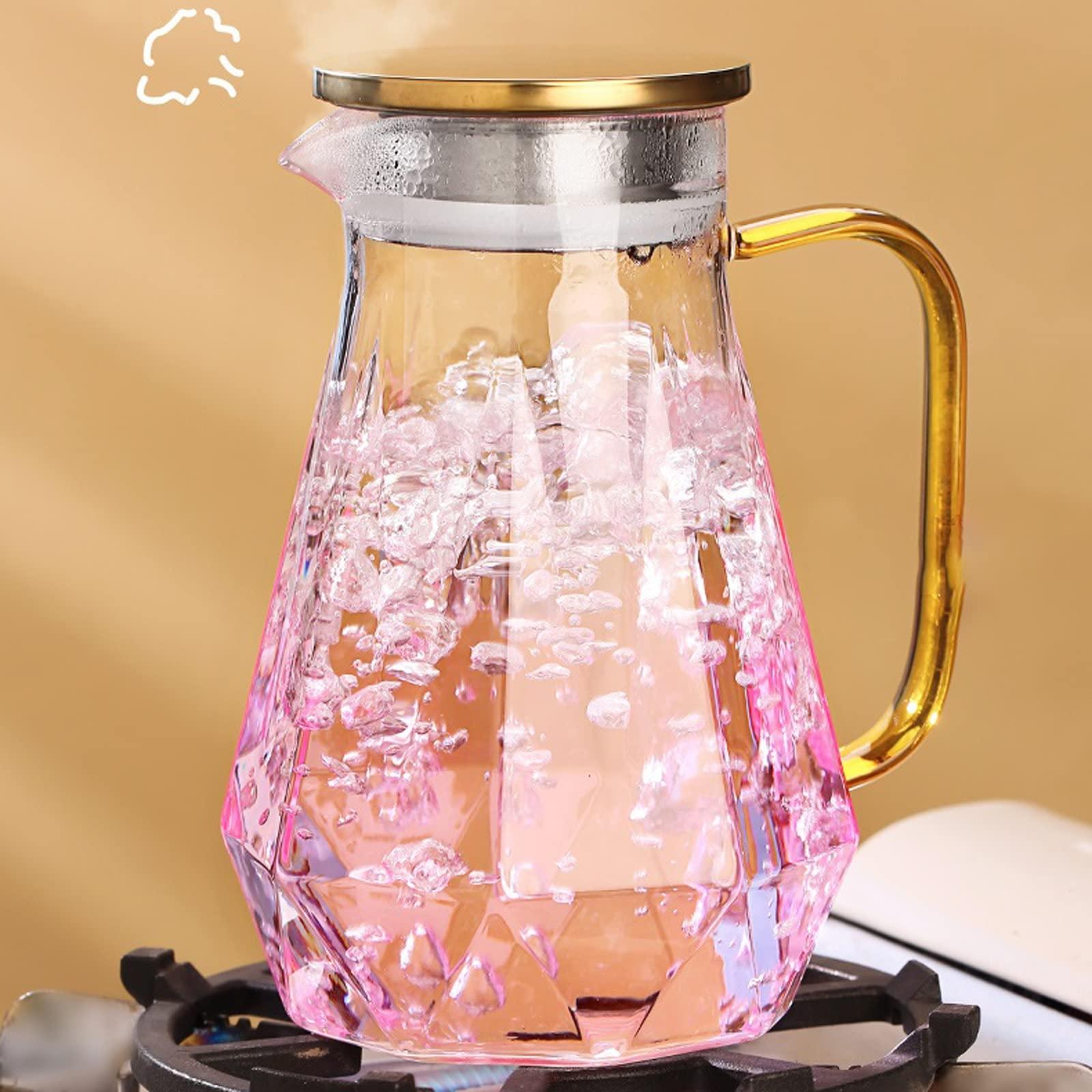 FACMAS Pitchers Beverage Pitchers Creative Glass Water Kettle Set Brings Mug Tray 1500ml Pink Clear Pitcher Flower Fruit Tea Set Afternoon Teatime Drinkware for Juice Milk Cold or Hot Beverages (Color : A)