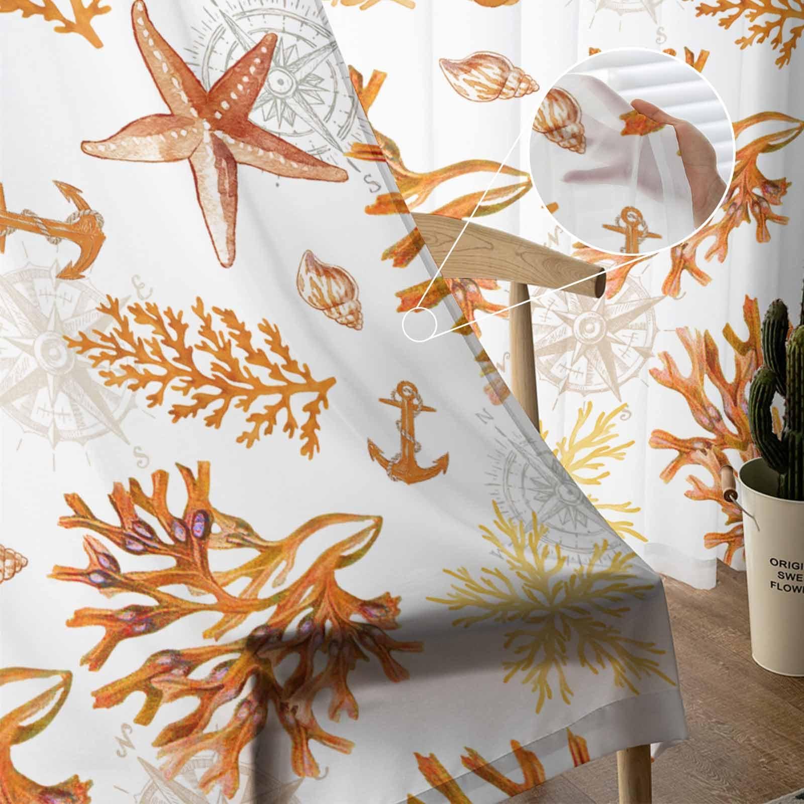 TocaHome TocaHome Sheer Window Curtains 2 Panel Sets, Voile Window Curtain Panels Ocean Sealife Orange Simple Coral Starfish Conch Shell Light Filtering Drapes for Living Room/Bedroom/Kitchen 52" Wx63 L
