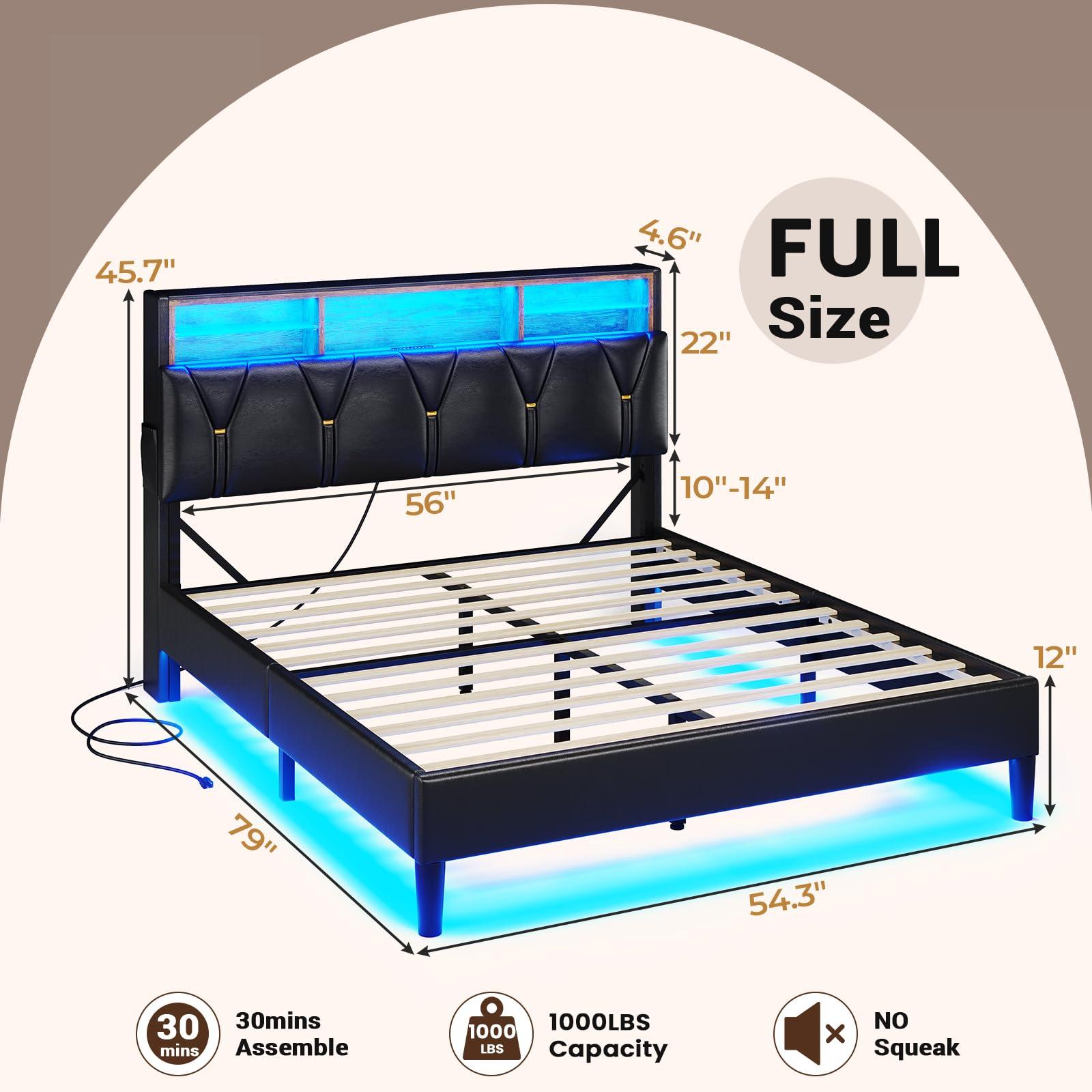 ADORNEVE ADORNEVE Full Size Bed Frame with LED Lights and Storage Headboard, LED Bed Frame with Outlets and USB Ports, Upholstered Platform Bed with Hidden Storage, Easy Assembly, PU Black