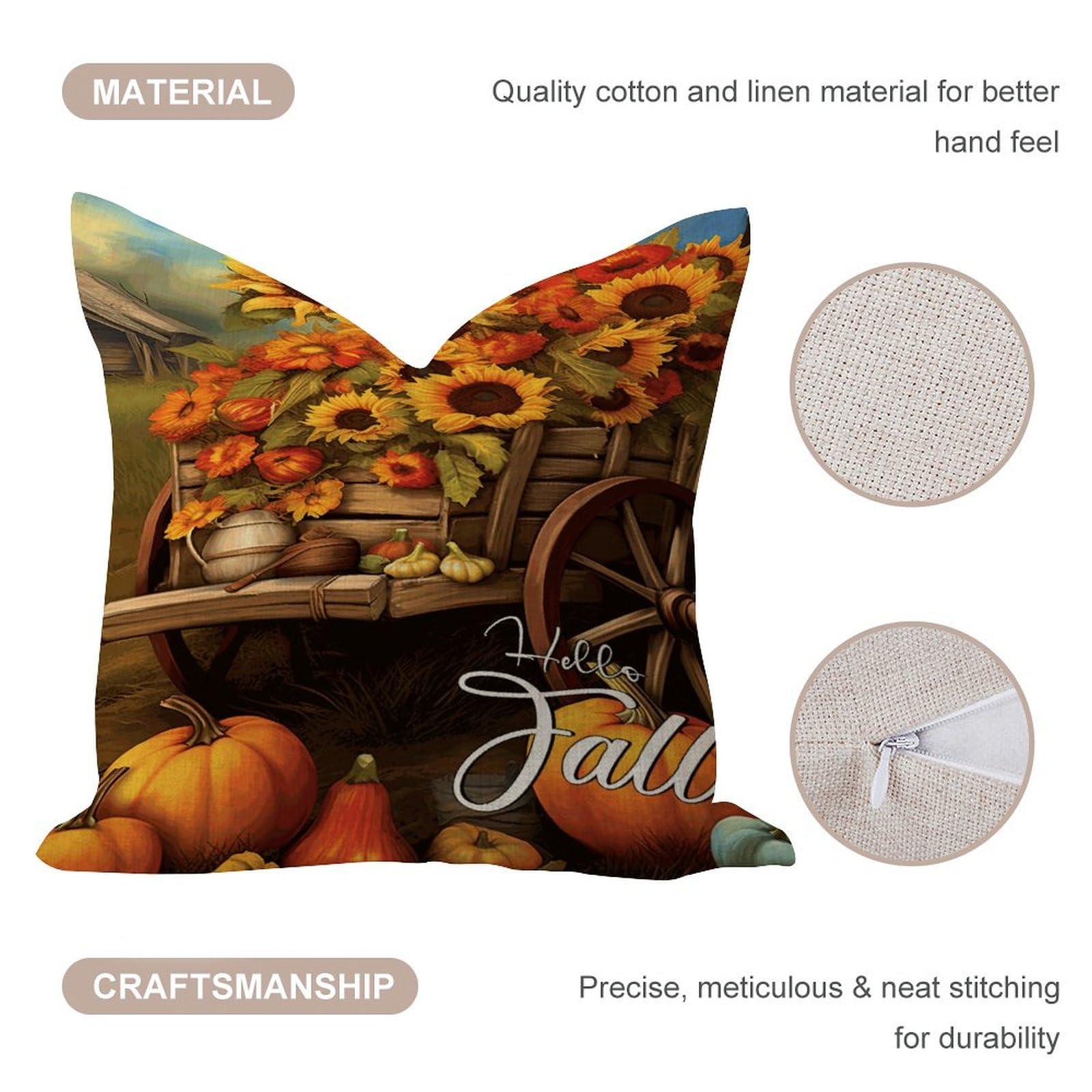 COVOME COVOME Hello Fall Pillow Cover 16x16in Burlap Linen Farmhouse Pillowcases Fall Thanksgiving Pumpkin Sunflowers Square Throw Cushion Case for Playroom Indoors Home Bed Home Decor