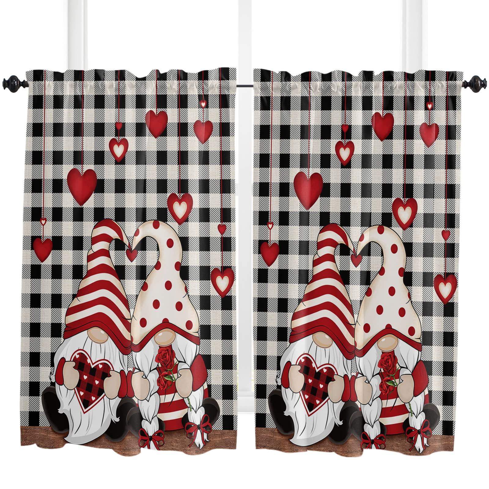 Tersuger Kitchen Tier Curtains 45 inches Length,Valentines Be Mine Love Gnome Red Heart Roses Black White Plaid Curtains for Living Room Bath,Rod Pocket Light Filter Drapes Half Window Treatment Tiers 2 Panels
