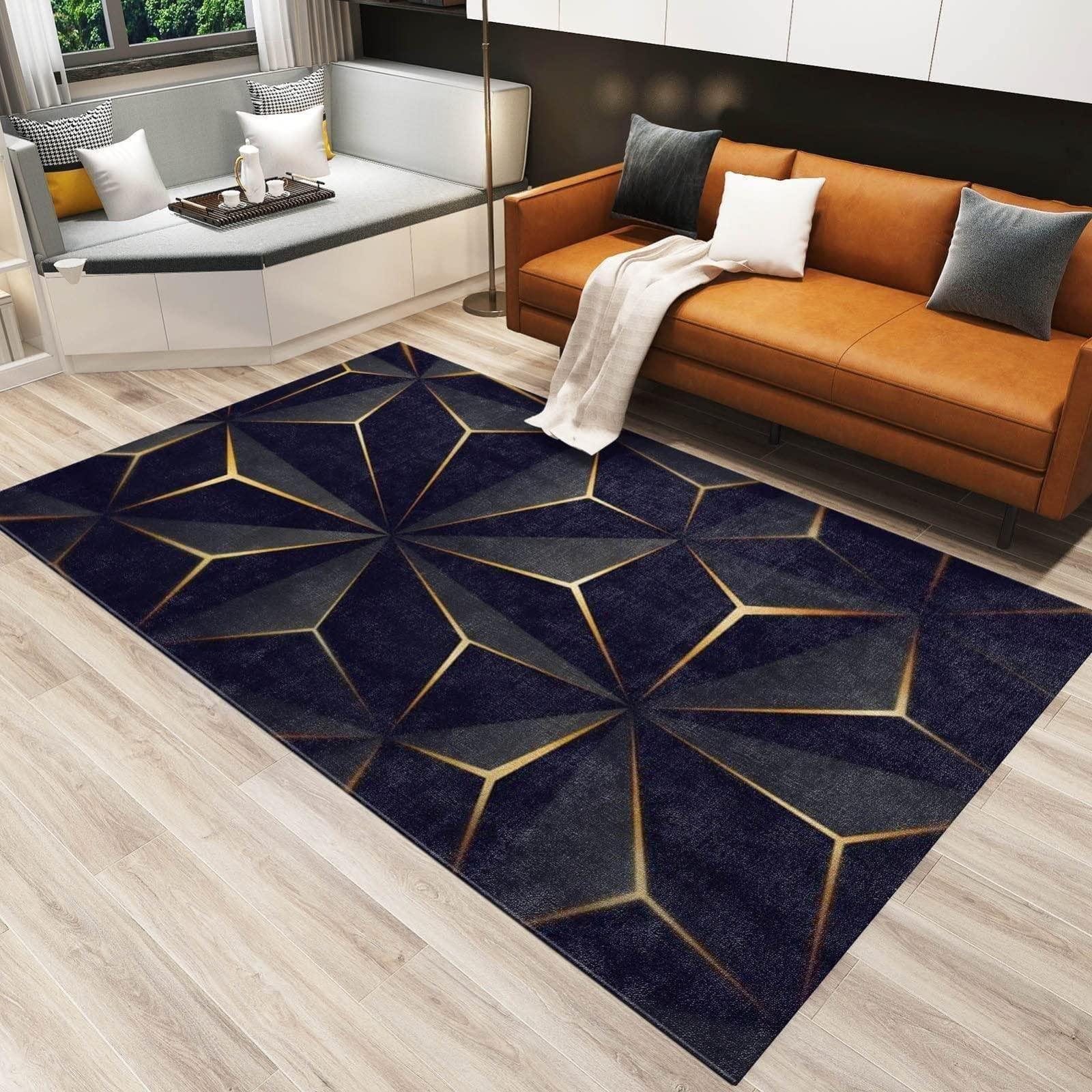 RAKUTE Modern Abstract Art Black Gold Area Rugs, Living Room Rug, Non-Slip Backing Rubber Crystal Velvet for Game Room Bedroom Living Room Lounge Nursery, 3ft x 5ft