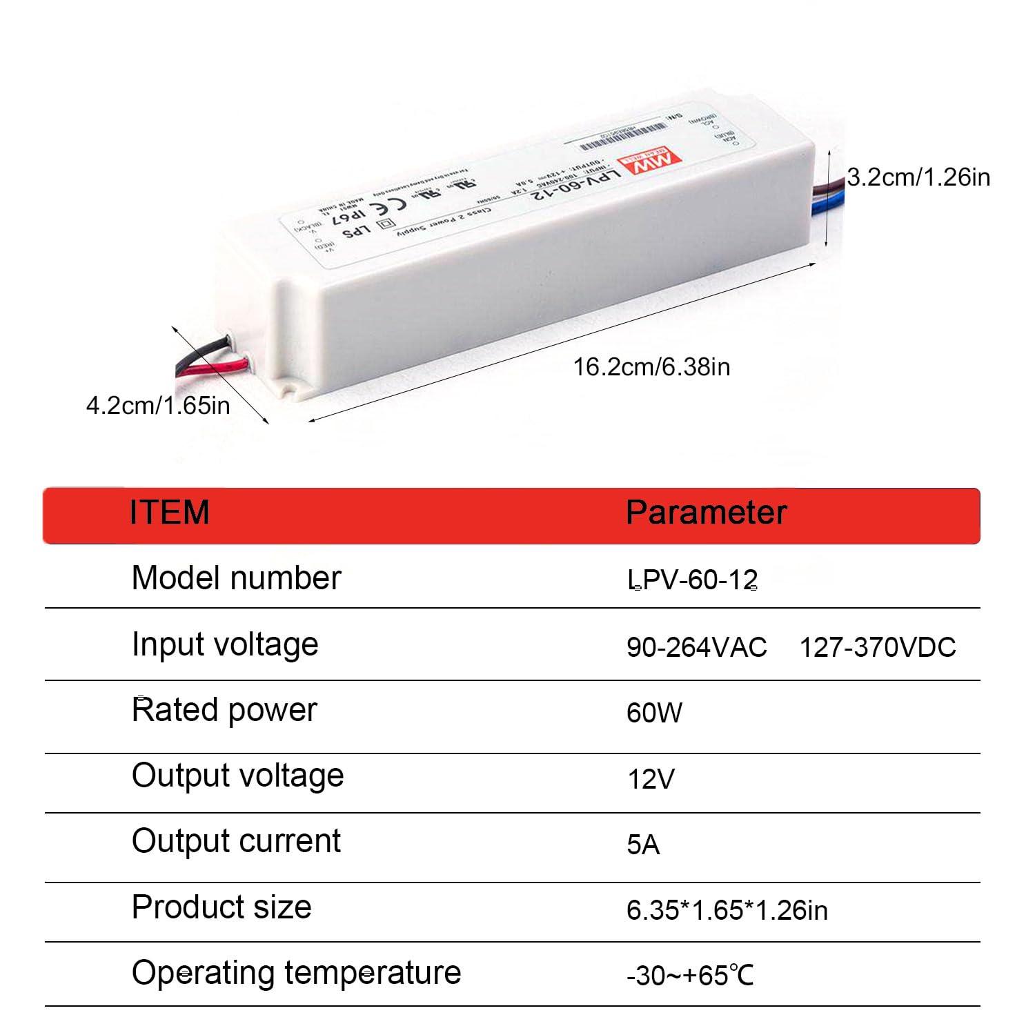 Generic Mean Well LPV-60-12 12V 5A IP67 Waterproof LED Driver - 60W Power Supply, Efficient and Stable Solution for Various LED Installations, Ensuring Consistent Performance (83% Efficiency)