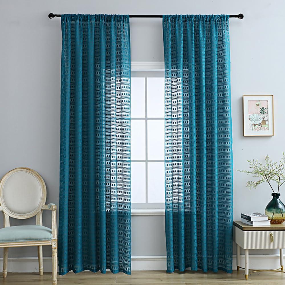 AZIMUZIXI AZIMUZIXI Polka Dot Lace Curtains 108 Inches Long 2 Panels for Bedroom Living Room,Extra Long Geometric Hollow Privacy Rod Pocket Sheer Window Curtains & Drapes,Blue 59''W x 108''L