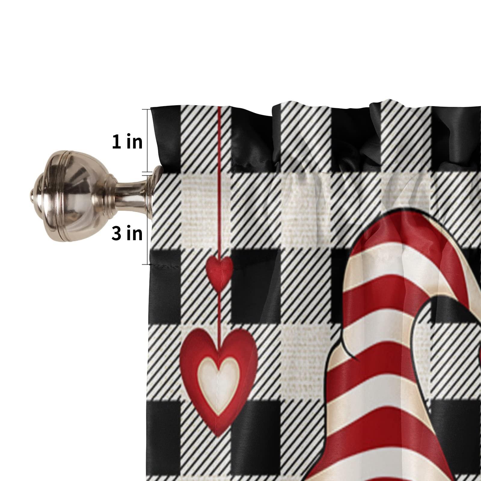 Tersuger Kitchen Tier Curtains 45 inches Length,Valentines Be Mine Love Gnome Red Heart Roses Black White Plaid Curtains for Living Room Bath,Rod Pocket Light Filter Drapes Half Window Treatment Tiers 2 Panels