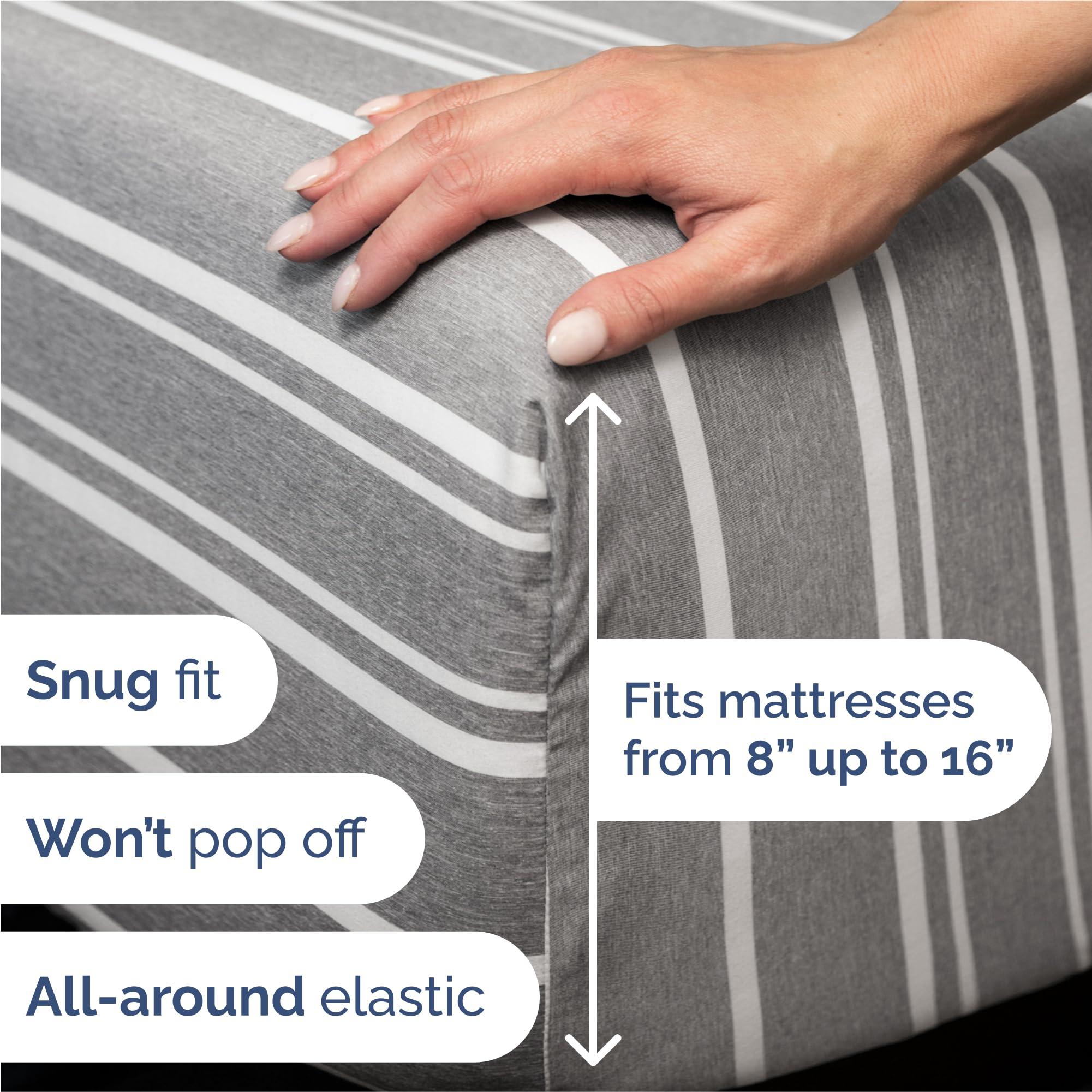 CGK Unlimited Split King 7 Piece Sheet Set - Breathable & Cooling Sheets - Hotel Luxury Bed Sheets - 1 Flat Sheet, 2 Fitted Sheets & 4 Pillowcases - Easy Fit, Soft & Wrinkle Free - Split King Grey Stripes Sheets