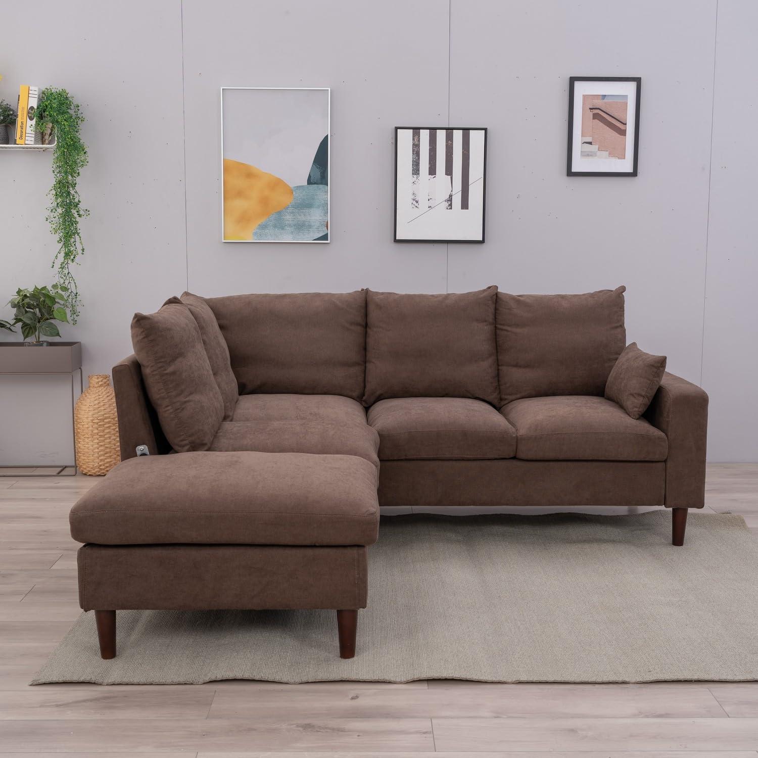 Panana Living Room Furniture Sectional L-Shaped Sofa with Built-in USB Port,Universal Corner Couch Extra Wide Chaise (Brown Linen Fabric, 5 Seater with Built-in USB Port - Track Arm)