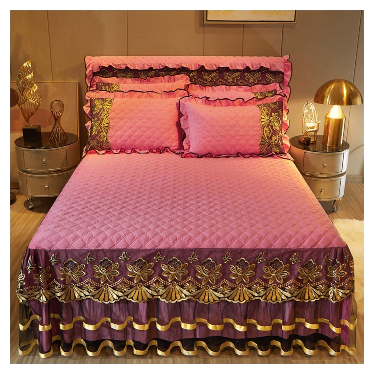 XMAYODS Luxury Velvet Bed Skirts Full /King/Queen 3 Piece Quilted Mattress Protective Cover with 2 Pillow, Thick Cover Bed Skirt with Bedskirt, 18 Inches Deep Ruffle Drop Fitted Sheet Bedspread ( Color : #26