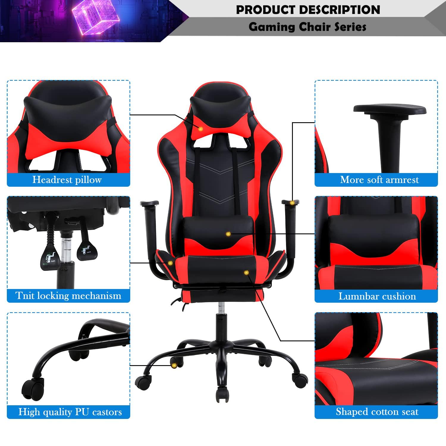 YIQIEDEY Gaming Chair, Video Game Chair, Cheap Computer Gaming Chair PU Leather High Back PC Gaming Chair Ergonomic Racing Swivel Office Desk Chair with Headrest and Lumbar Support for Adults Kids Red