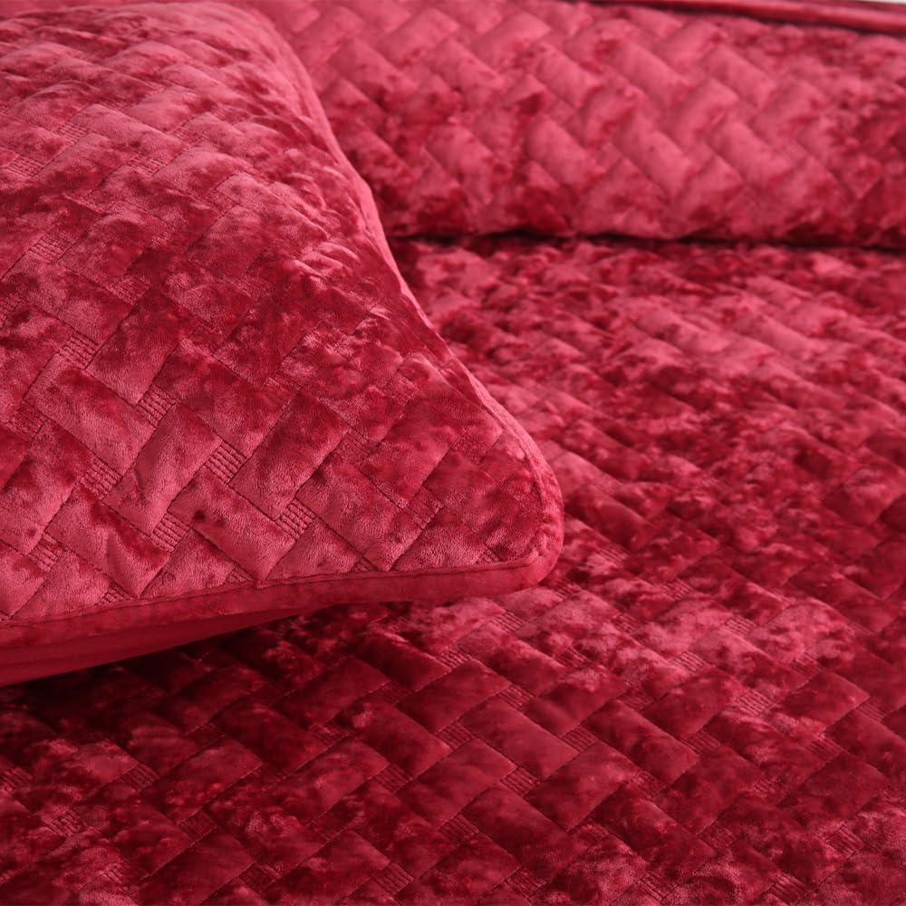 Liians Liians Velvet Bedspread Quilt Bedding Sets,Luxury Elegant Ultra Soft Velvet Comforters Coverlet Blankets,Weave Stitching Pattern Quilted Bedspread for All Seasons,Red,King Size