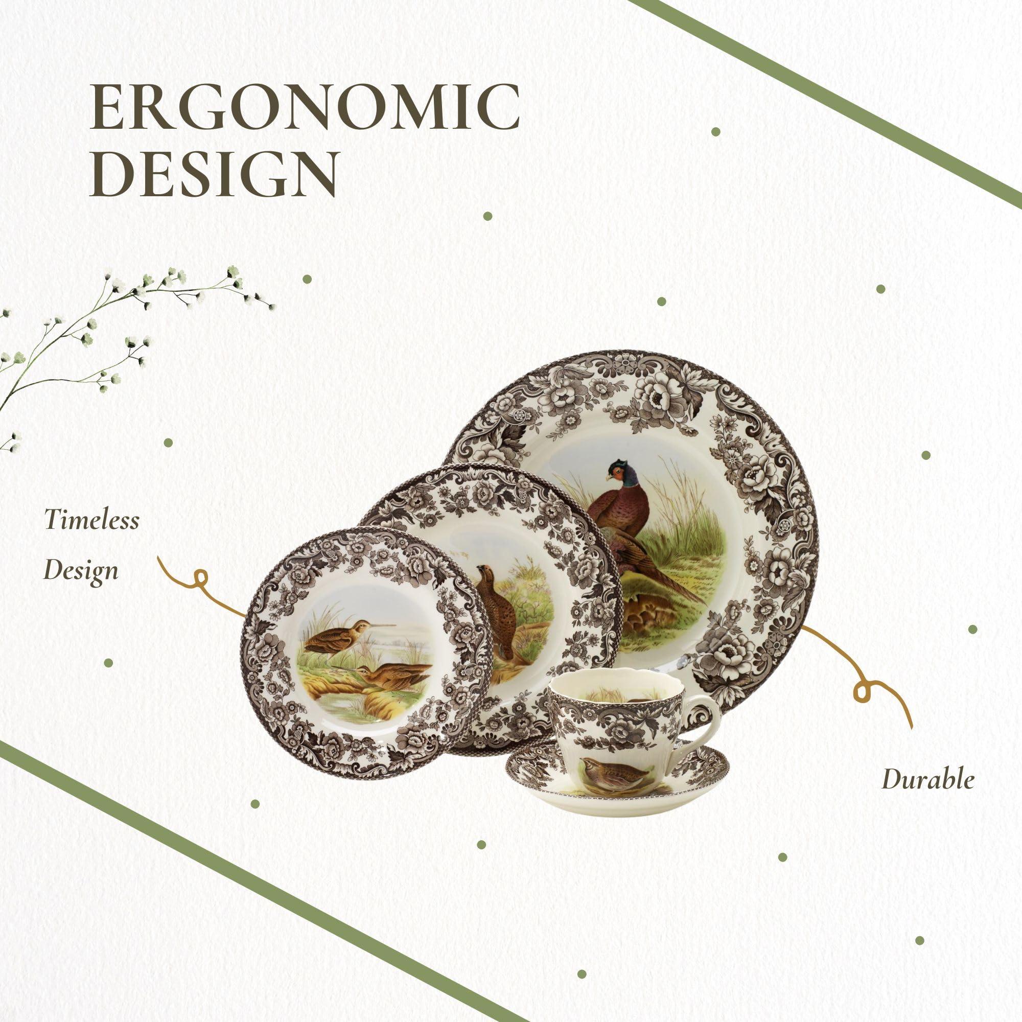 Spode Spode Woodland 5-Piece Thanksgiving Dinnerware Set - Porcelain Plates & Teacup and Saucer, Fall Dinnerware Collection - Microwave & Dishwasher Safe - Elegant Autumn Tableware