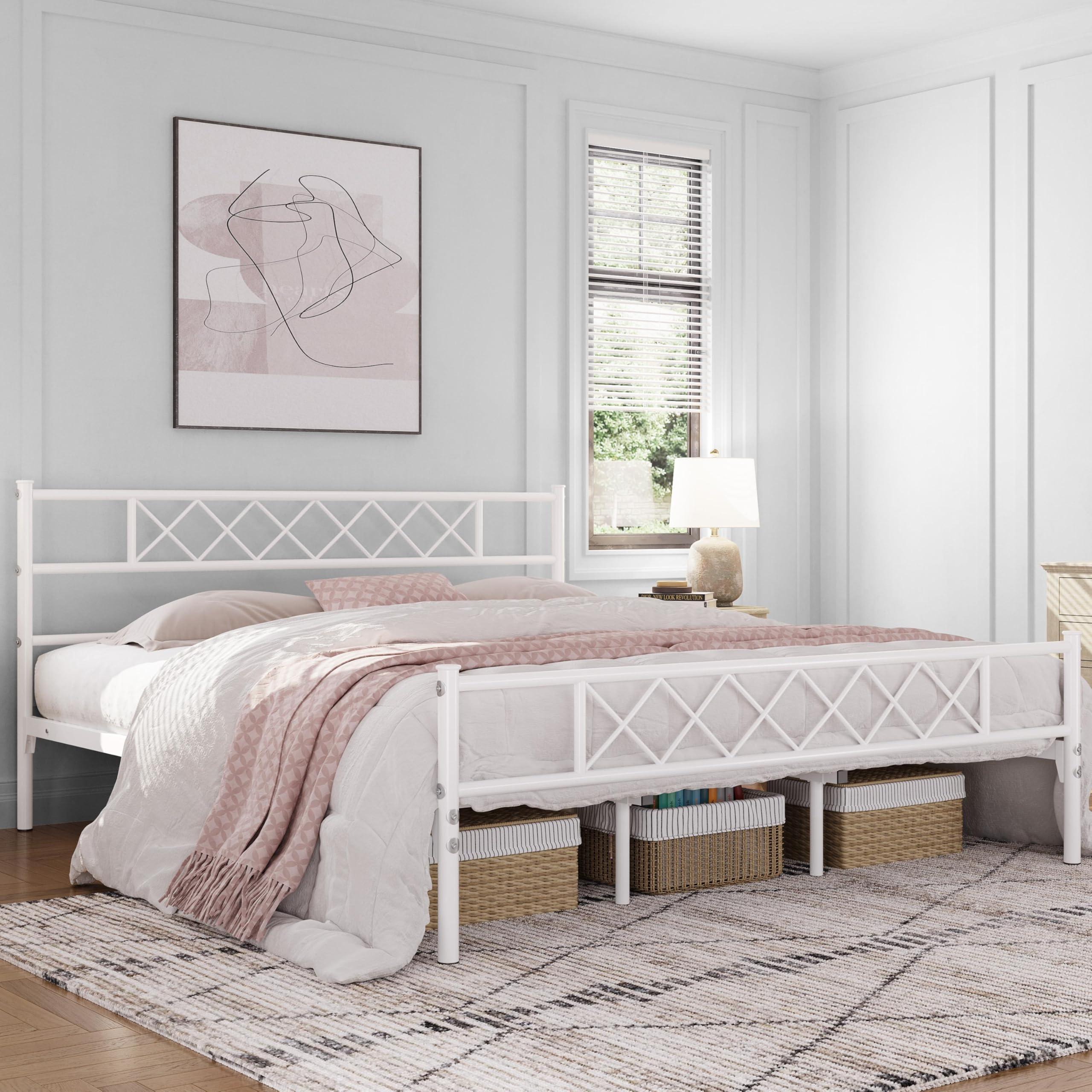 Yaheetech Yaheetech Metal Platform King Bed Frame Mattress Foundation with Headboard and Footboard No Box Spring Needed Under Bed Storage Steel Slats White