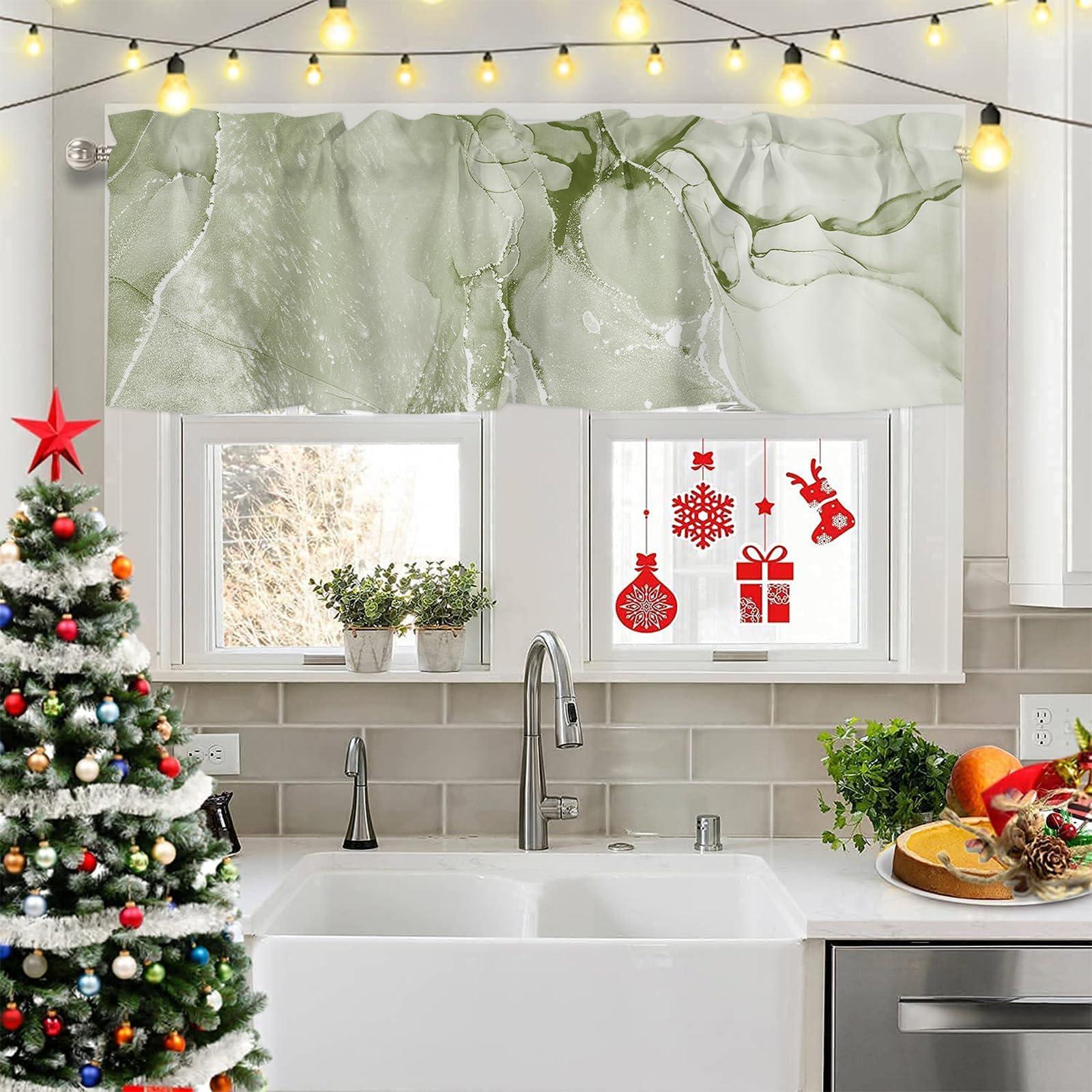 SODIKA SODIKA Sage Green Marble Valance for Windows Kitchen Living Room Valances Rod Pocket Bathroom Small Window Treatment Abstract Chic Elegant Watercolor Curtain 1 Panel, 54 x 18 Inch