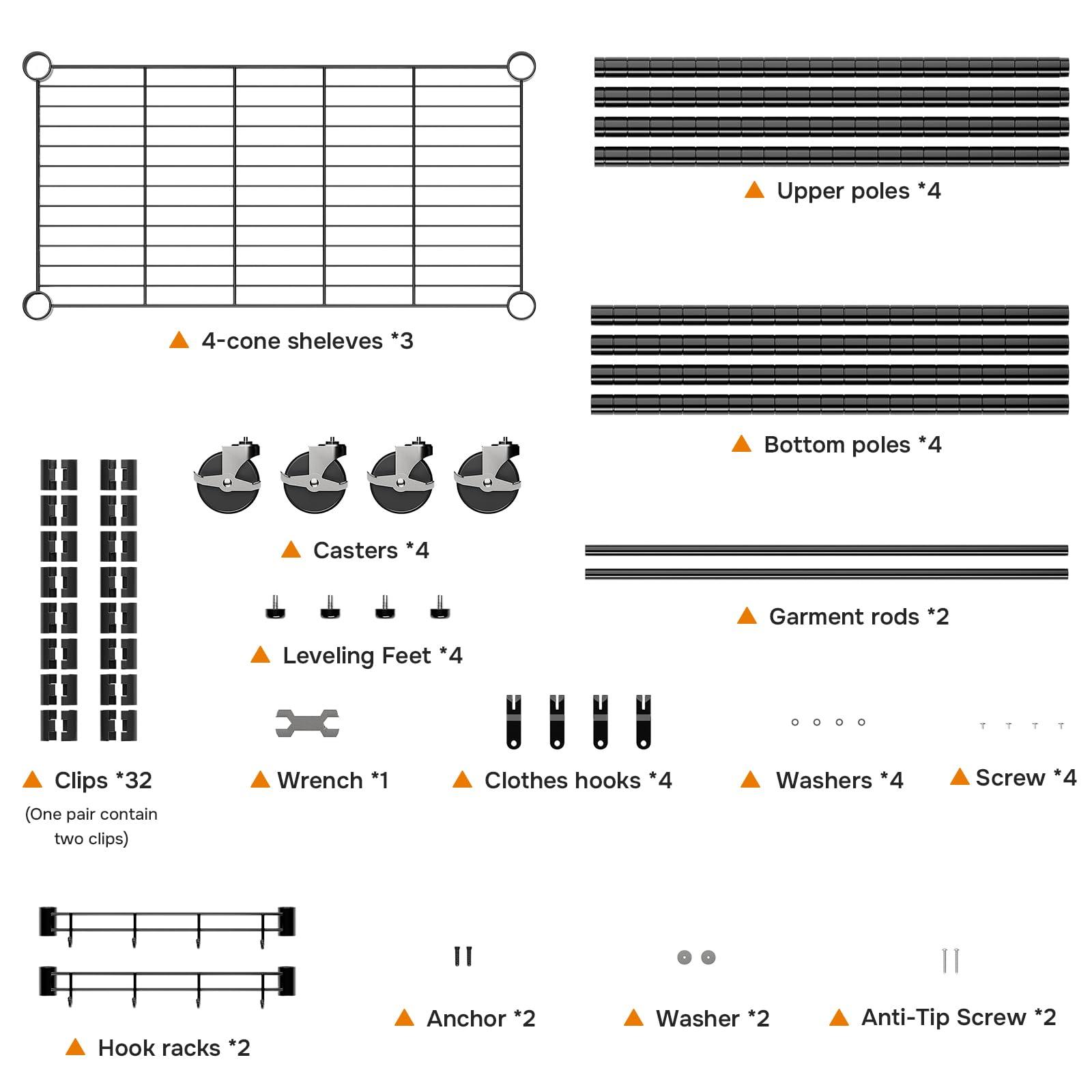 Simple Deluxe Simple Deluxe Rolling Clothes Rack, Heavy Duty Clothing Rack, 3-Shelf Portable Adjustable Wardrobe Closet with Wheels, Hanging Rods & Side Hooks, 29.5" W x 15.7" D x 75.6" H, Black