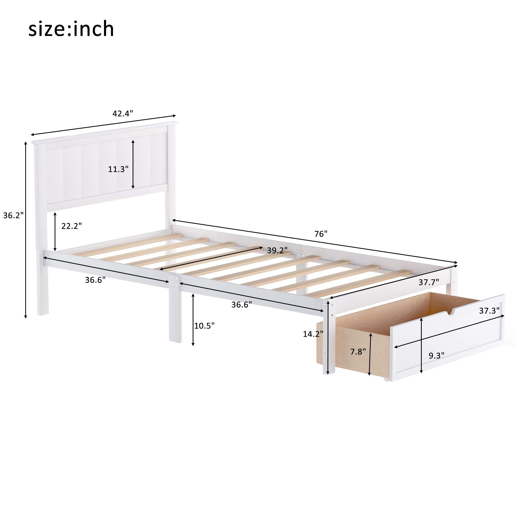 P PURLOVE P PURLOVE Twin Size Bed Frame with Storage Drawer,Wood Platform Bed Frame with Headboard and Slat for Kids,White