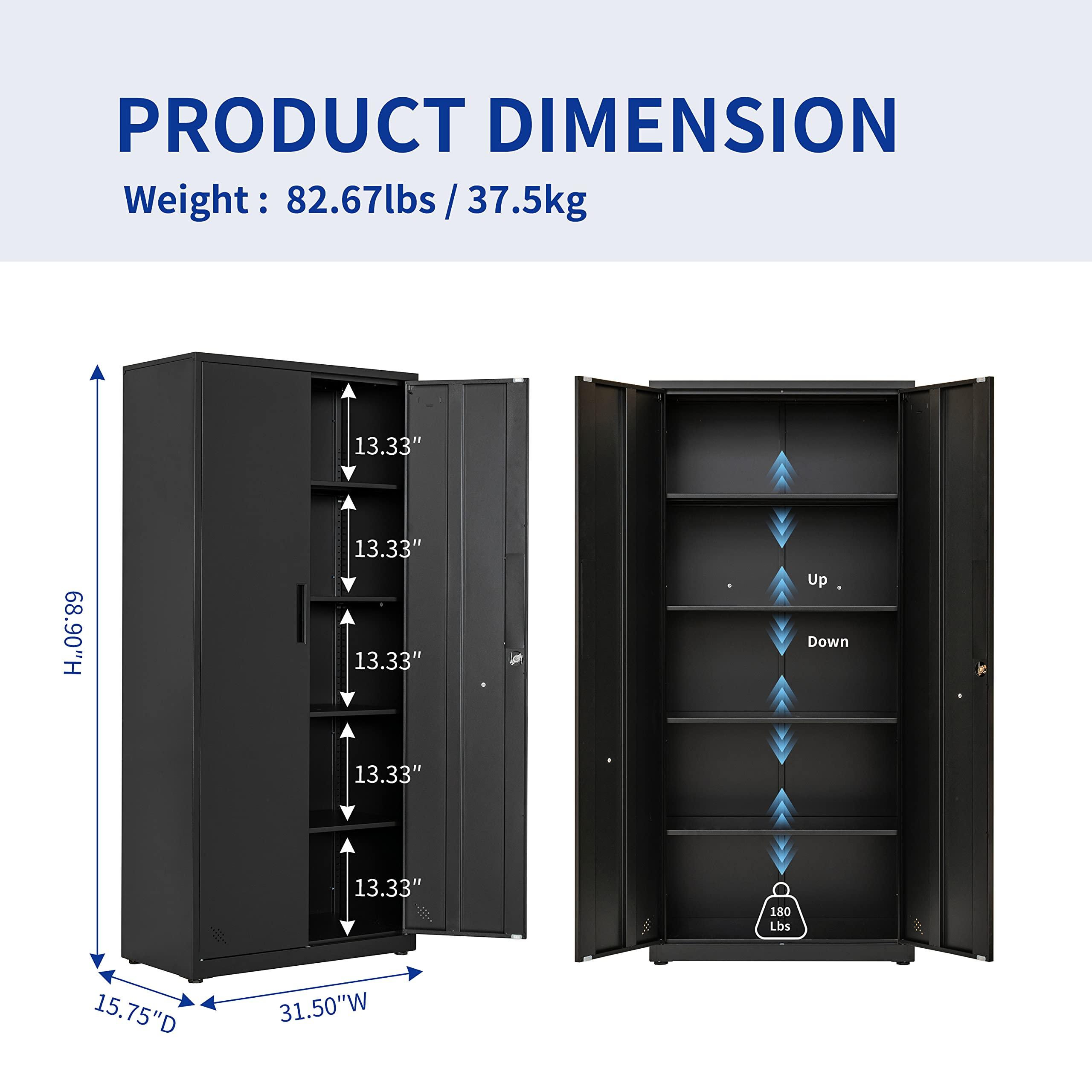 Majnesvon Majnesvon Metal Garage Storage Cabinet - 72" Locking Metal Storage Cabinet with 2 Doors and Adjustable Shelves & Locking Doors - Garage Cabinets for Tool Storage - Black