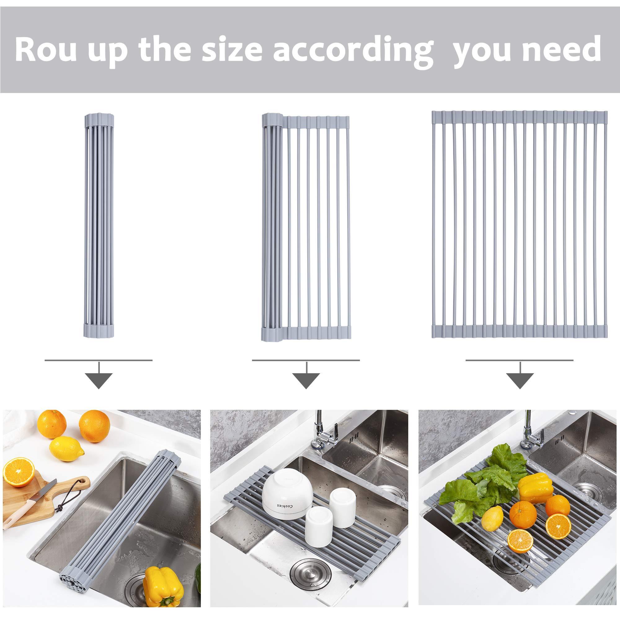 YIHONG YIHONG 2 Pack Roll Up Dish Drying Rack, 17\" L x 13\" W Over The Sink Dish Drying Rack, Kitchen Multipurpose Foldable Dish Drainer for Sink Counter,Gray