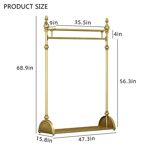 MAIKAILUN Clothing Rack Gold, Industrial Clothes Rack for hanging Clothes with Double Shelves Freestanding Multi-functional Heavy Duty Garment Rack, Metal Movable Portable Coat Rack for Organizing Clothes Shoes