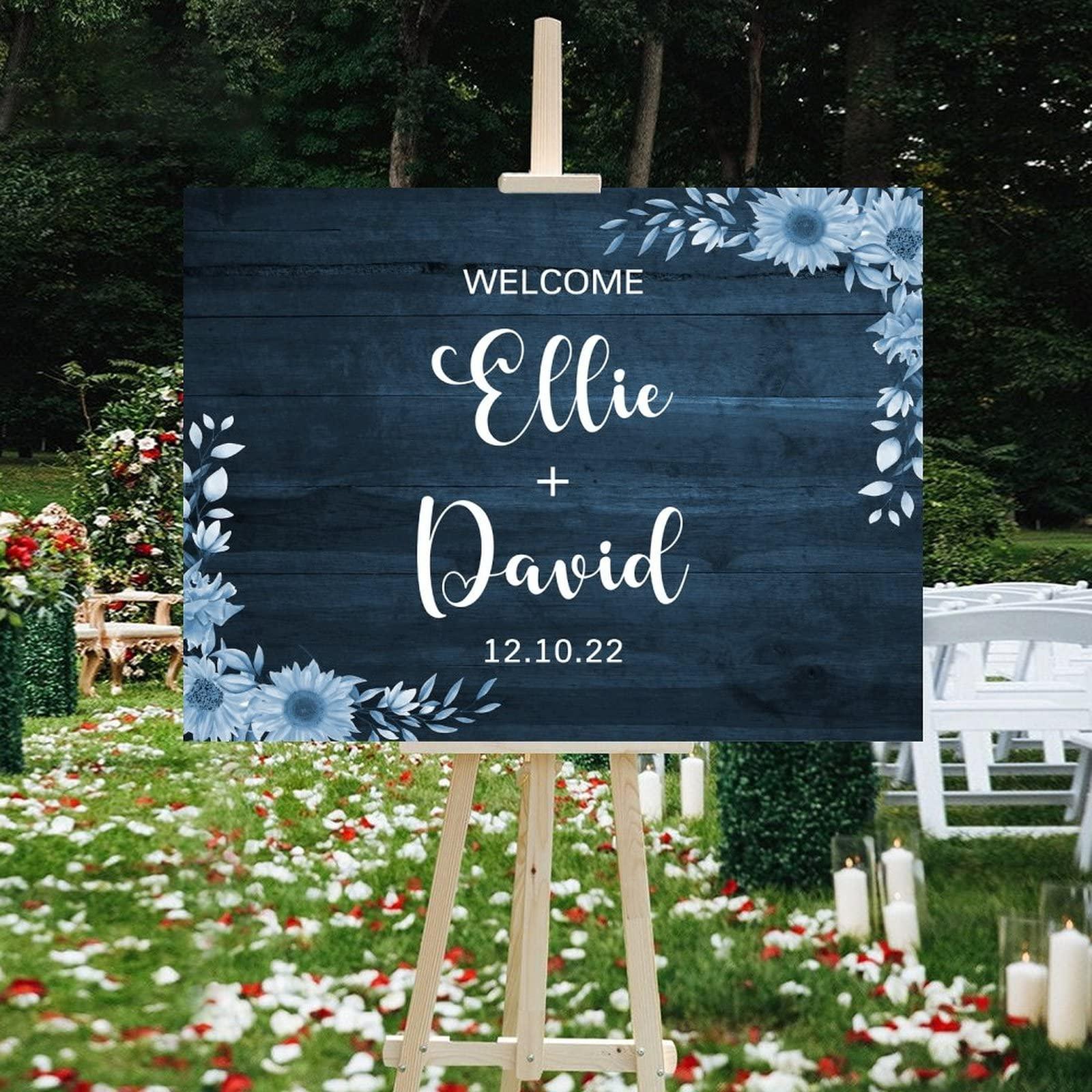 Alioyoit Rustic Wood Wedding Sign Floral Blue Wood Wooden Wedding Welcome Sign Customizable Wedding Reception Ceremony Sign Perfect for Wedding Anniversary Engagement Party Decor Wedding Gift 12x16 Inch