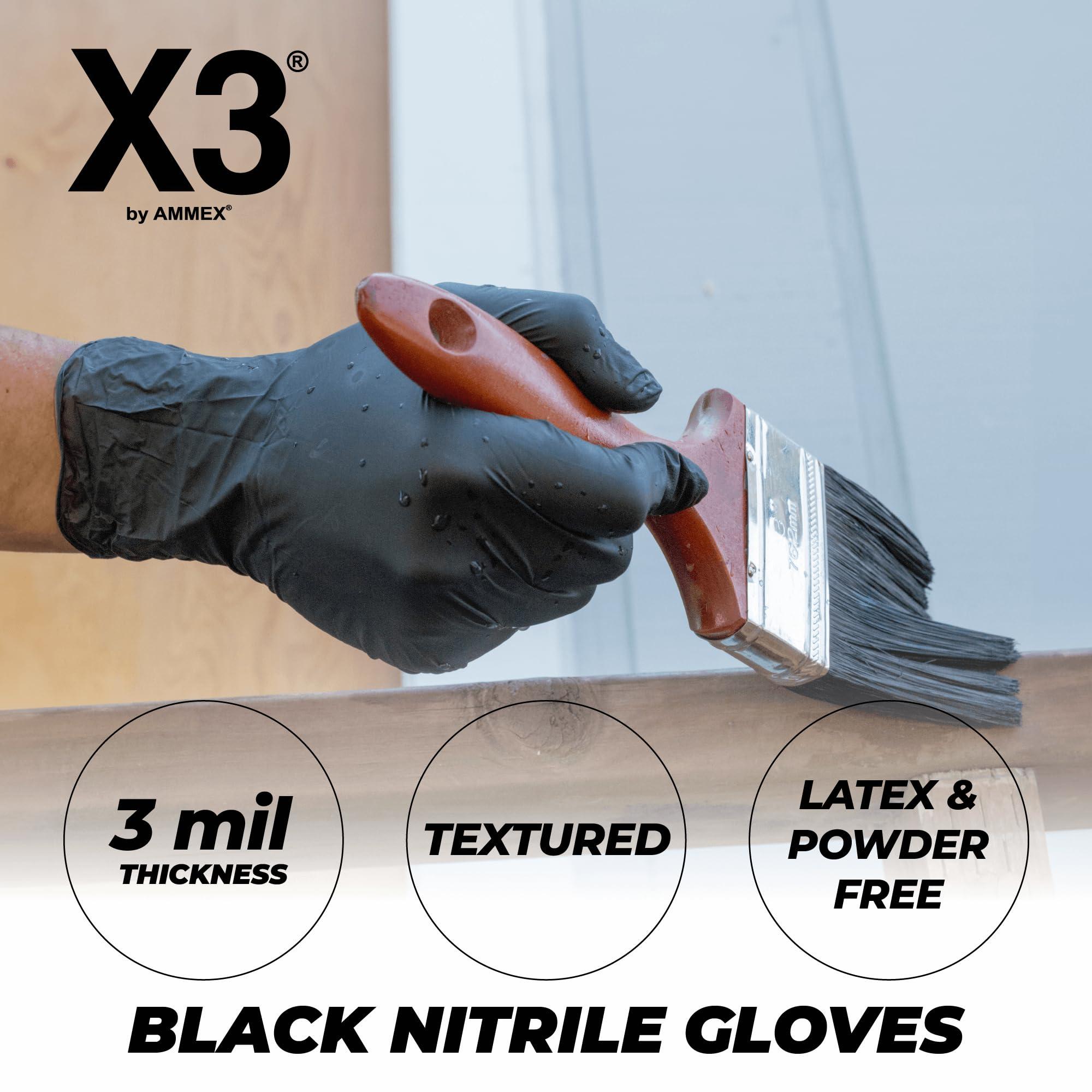 X3 X3 Black Nitrile Disposable Industrial Gloves 3 Mil, Latex/Powder-Free, Food-Safe, Non-Sterile, Textured, Medium, 2 Boxes of 100