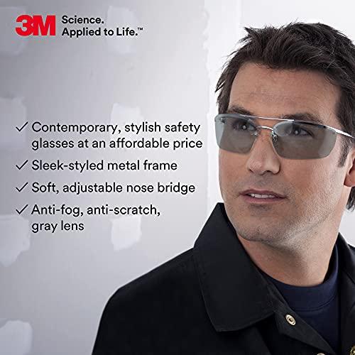 3M 3M Safety Glasses, Metaliks, ANSI Z87, Anti-Fog, Gray Lens, Polished Metal Frame, Adjustable Bridge