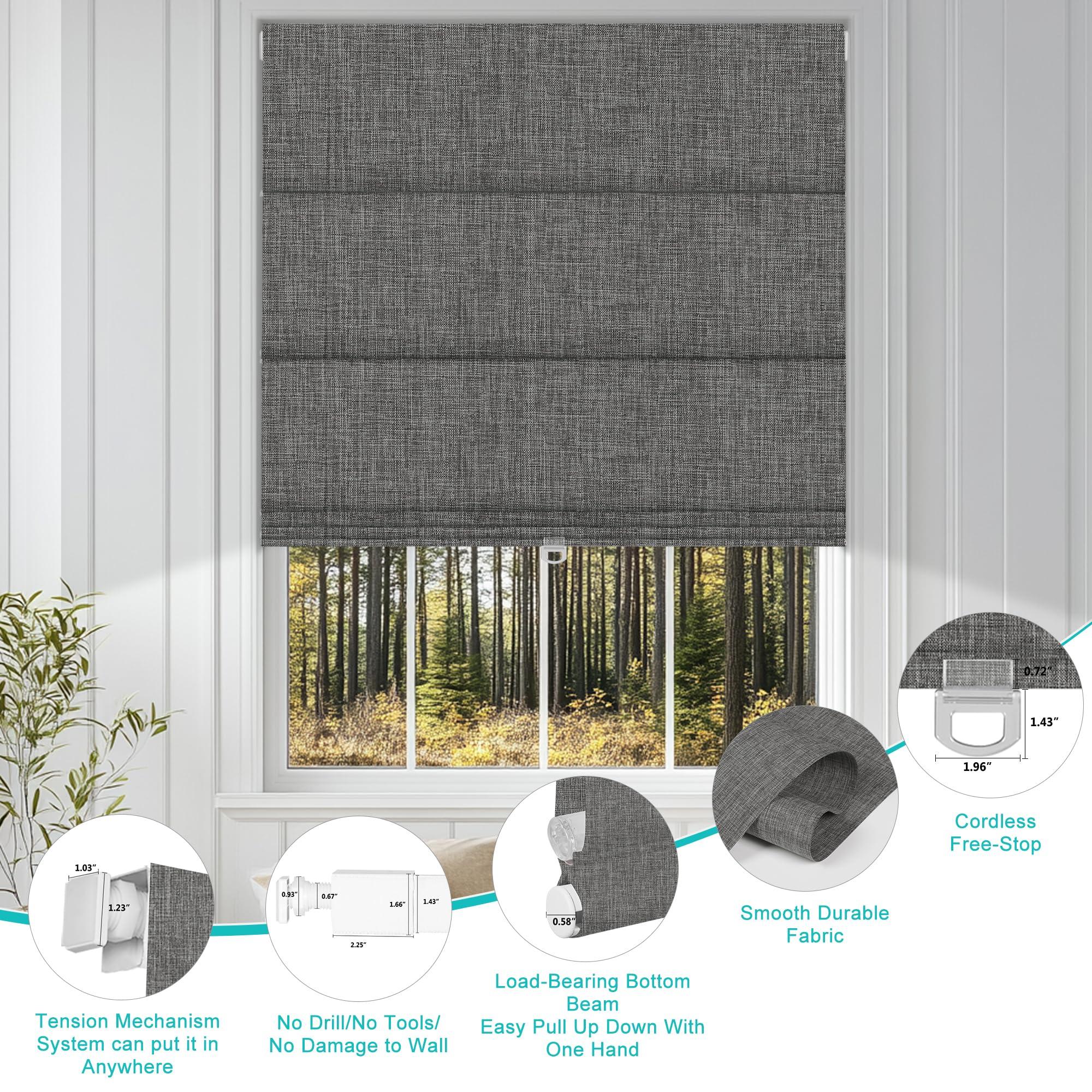 BERISSA BERISSA No Drill Cordless Roman Shades for Window, Blackout Roman Blinds Room Darkening Roll up Blinds Easy Install Linen Roman Window Shades for Inside Mount,28" W x 66" H,Linen Dark Gray