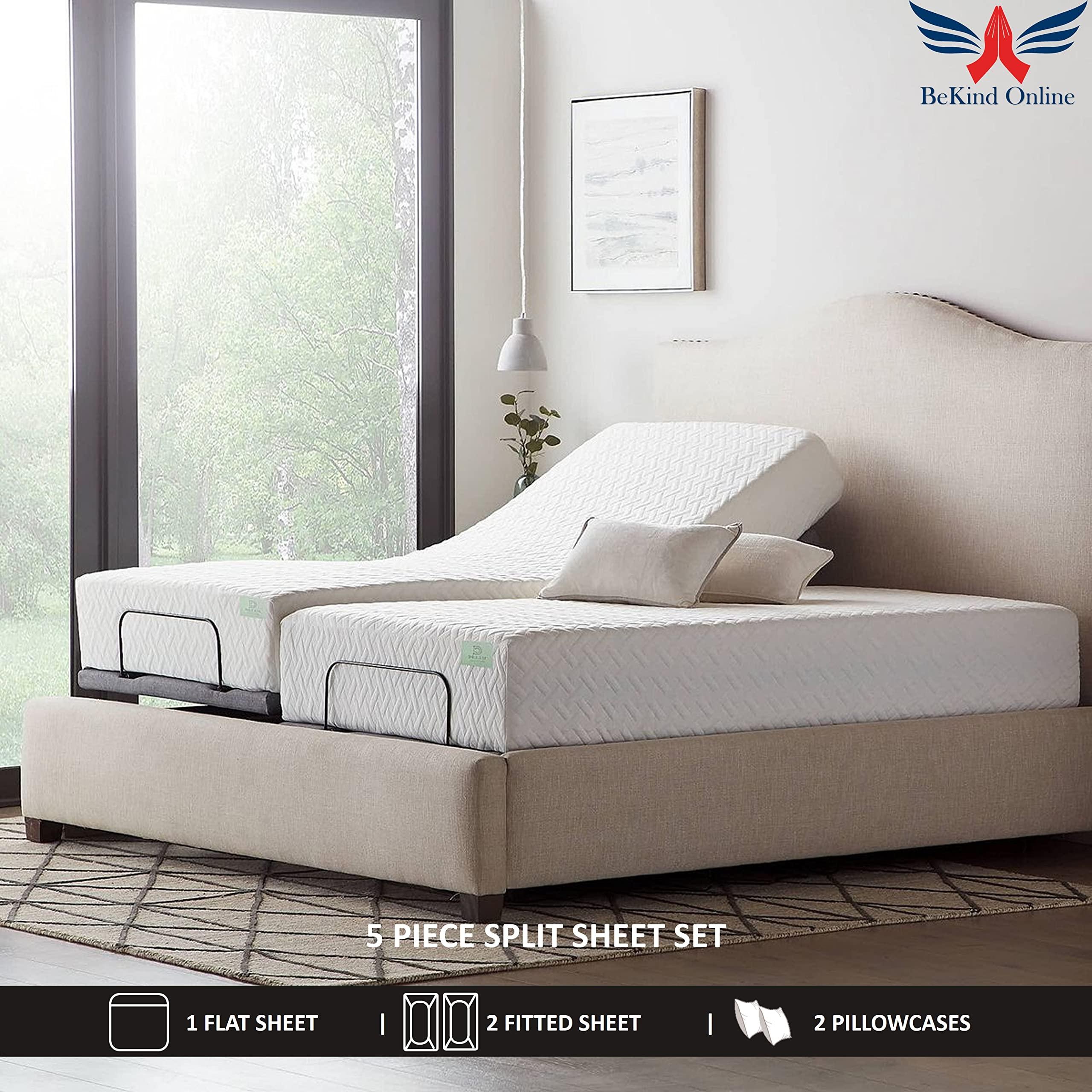 BeKind Online Split Cal-King Sheet Set for Adjustable Bed, 100% Egyptian Cotton 400 Thread Count, 24-Inch Extra Deep Pockets Split Calking Bedsheet with 2 Fitted, 1 Flat, 2 Pillow Cases, Sateen Weave - Teal Blue