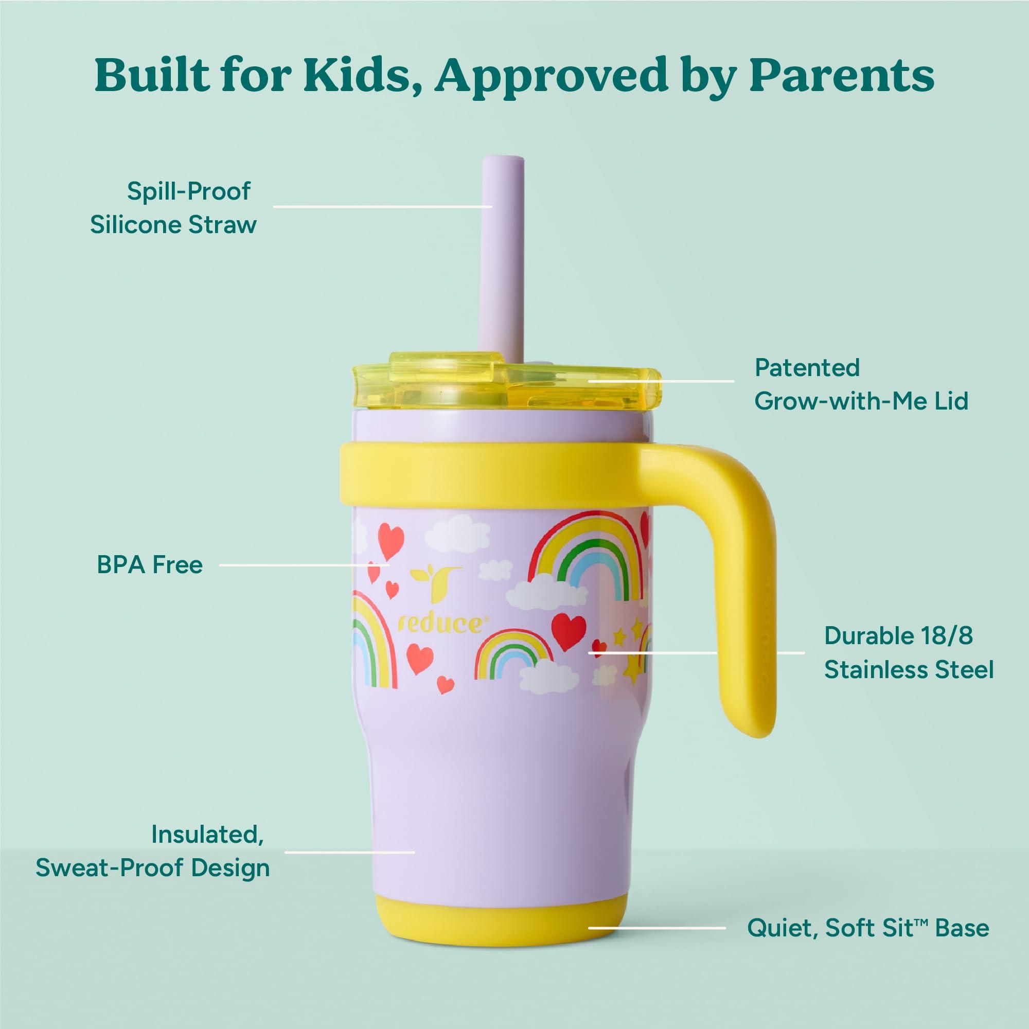 REDUCE REDUCE 14 Oz Coldee Kids Tumbler with Lid and Straw - Coldee Insulated Travel Mug - Spill-Proof, Sweatproof Stainless Steel, BPA-Free - Includes Handle, Reusable Silicone Straw - Rainbow Sky