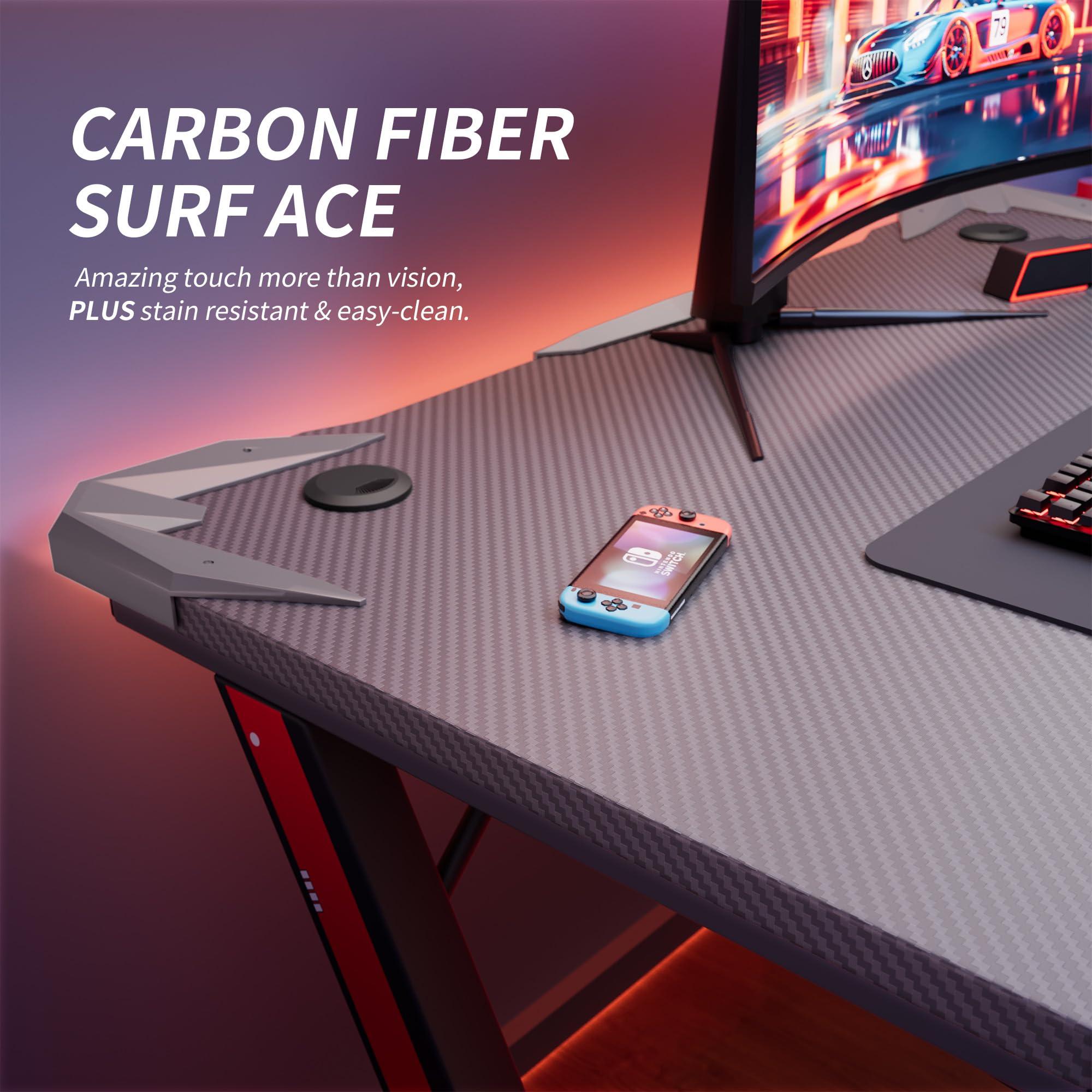 Furmax Furmax Gaming Desk Computer Desk Z-Shaped Gaming Table with Carbon Fibre Surface Home Office Desk PC Workstation Desk with Cup Holder, Headphone Hook Modern Style Desk (Gray, 44 inch)