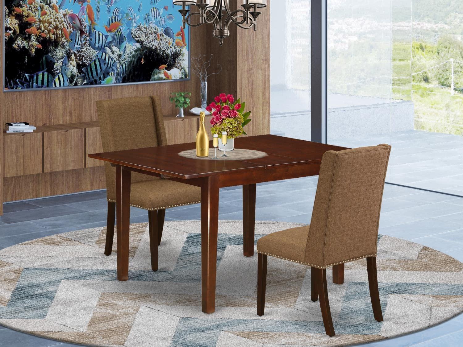 East West Furniture East West Furniture MLFL3-MAH-18 3 Piece Dining Table Set Contains a Rectangle Dinner Table with Butterfly Leaf and 2 Brown Linen Linen Fabric Upholstered Chairs, 36x54 Inch, Mahogany