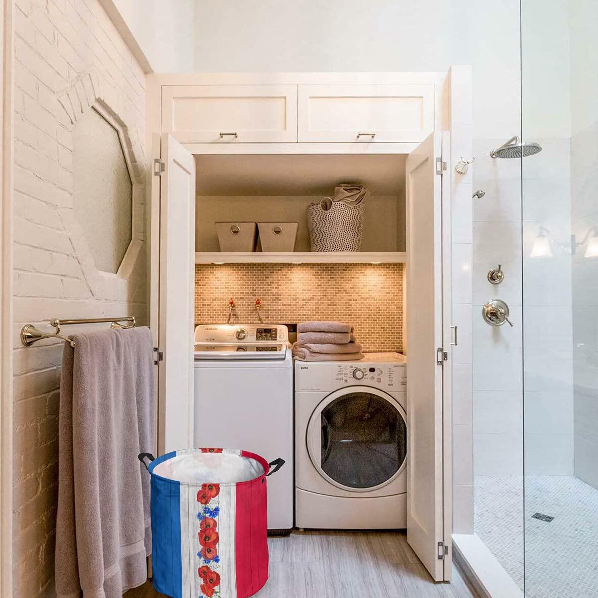 ZOE STORE Blue White Red Line American Independence Floral Large Laundry Basket, Waterproof Laundry Hamper for Clothes, Retro Wooden Poppies Blue Cornflowers Foldable Laundry Baskets, 16.5\'\'x17\'\'