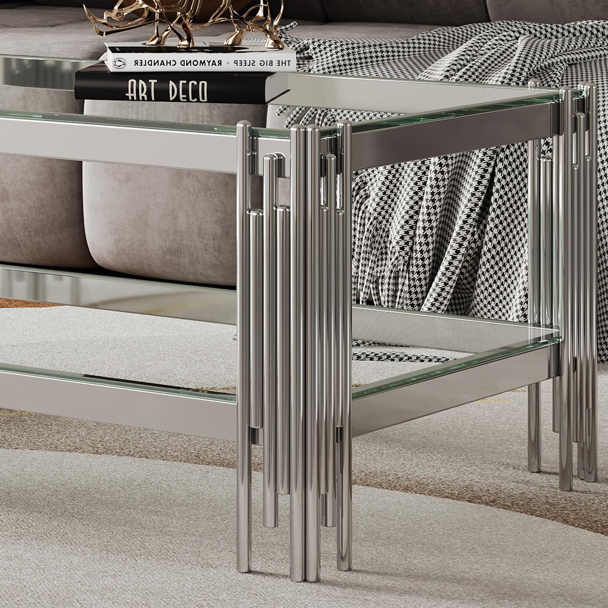 Henf 47.24" Glass Coffee Table, Luxury 2-Tier Center Coffee Table with Silver Stainless Steel Frame, Modern Rectangle Center Table Accent Cocktail Table with Low Storage Shelf for Living Room