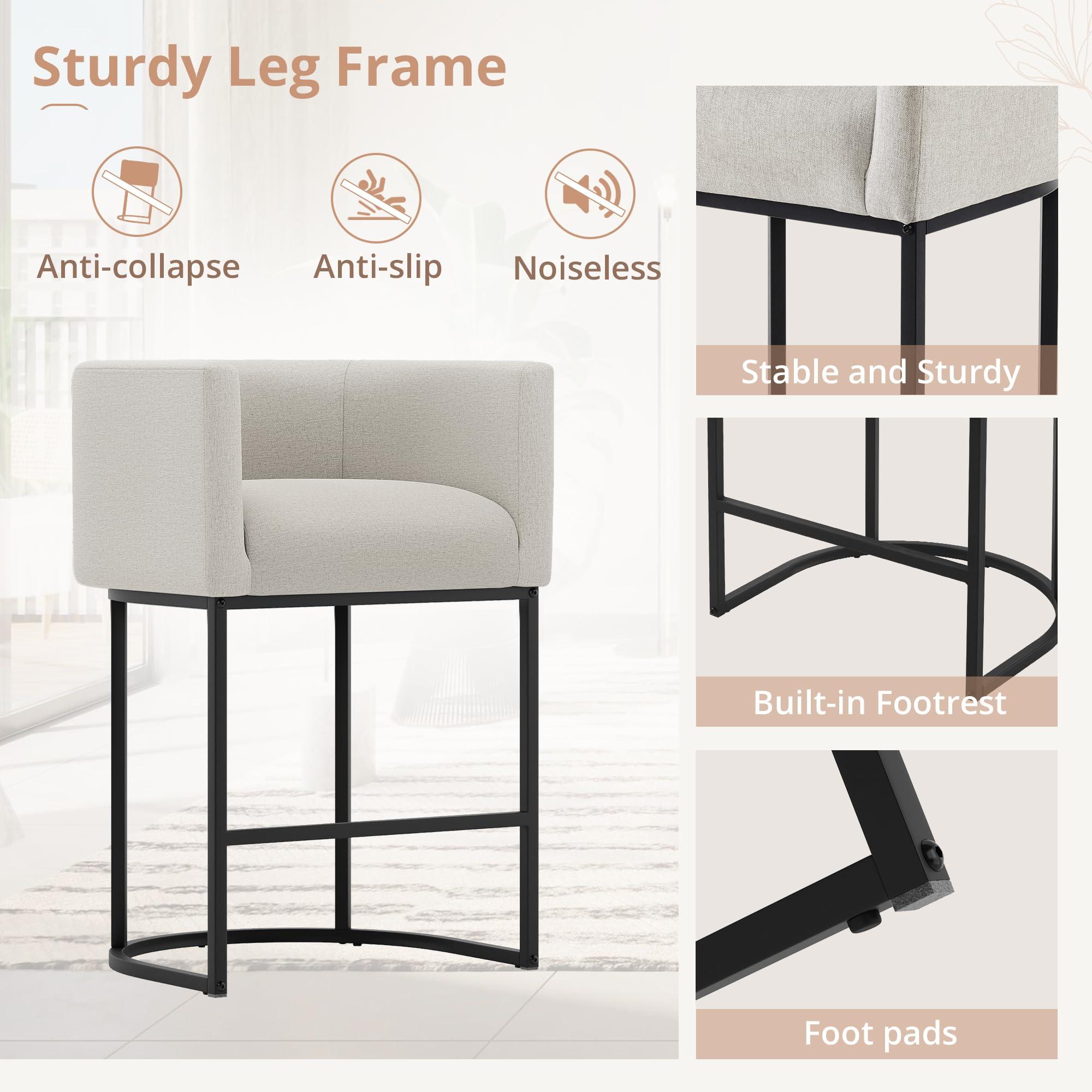 LUE BONA LUE BONA 27\" H Counter Height Bar Stools Set of 3, Modern Barrel Counter Stools with Backrest and Arms, Black Metal Frames, Linen Fabric Upholstered Accent Barstools for Kitchen Island, Light Gray