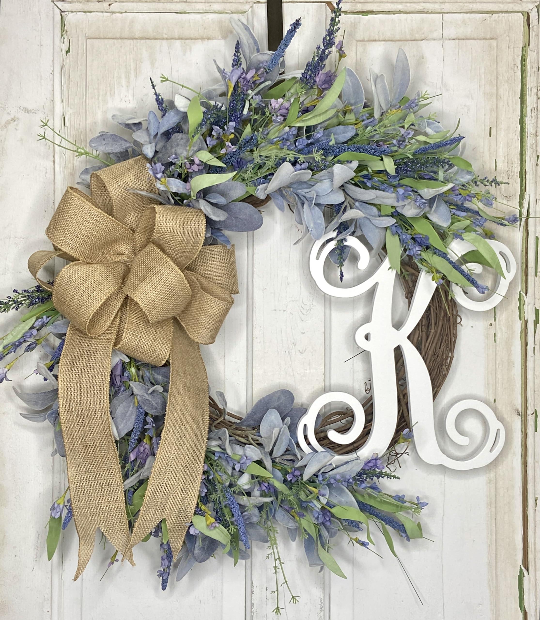 Generic Lavender and Lamb\'s Ear Monogram Initial Front Door Wreath with Choice of Bow on Grapevine Base-Handmade in the USA