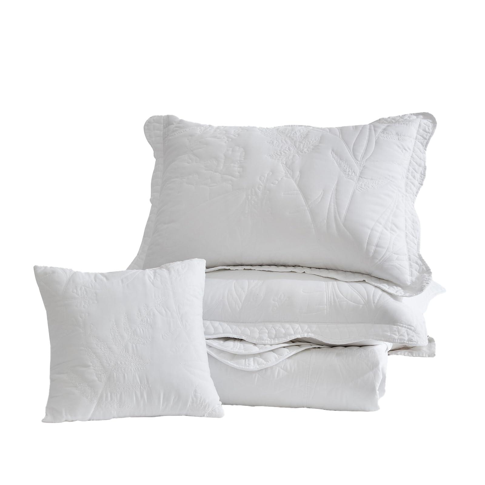 DaisyHuang DaisyHuang Botanical Oversized Bedspread Queen Size - Leaves Pattern Stitching Quilt Set - Elegent & Fresh Style Bedding Coverlets, Reversible, Lightweight, 4 Piece, White