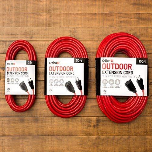 Otimo Otimo 100 Ft 12/3 SJTW Red, Heavy Duty Outdoor Extension Cord - 3 Prong Ground Plug, 15A 1875W, Water & Weather Resistant, Flame Retardant