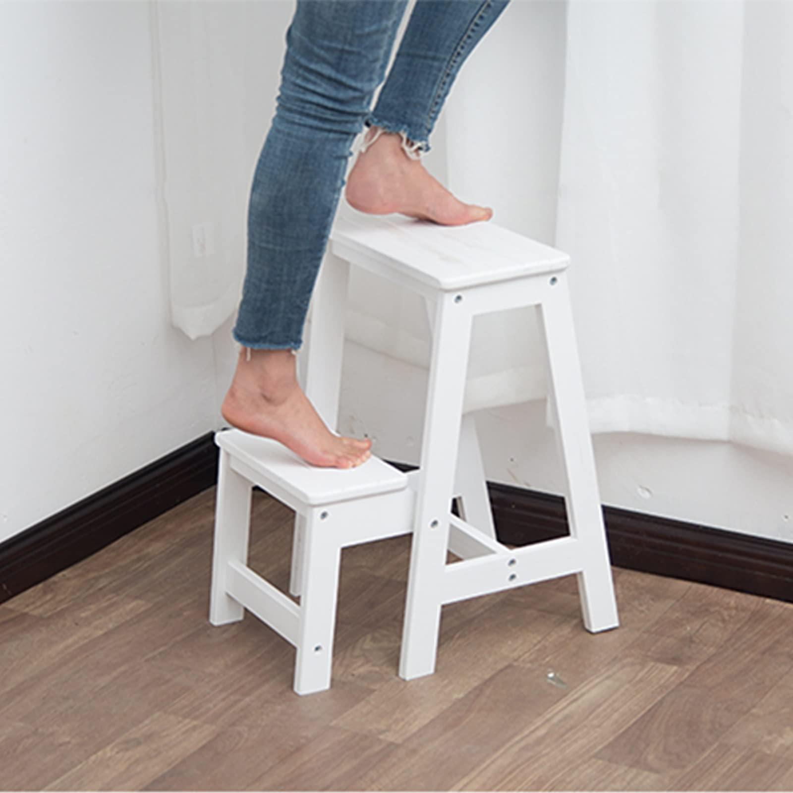 GFHQDPSC Step Stool Wooden Ladders Stool, Flip 2 Step Small Foot Stools Safety Non-Slip Tread for Home Library Kitchen Climb Step Ladder White