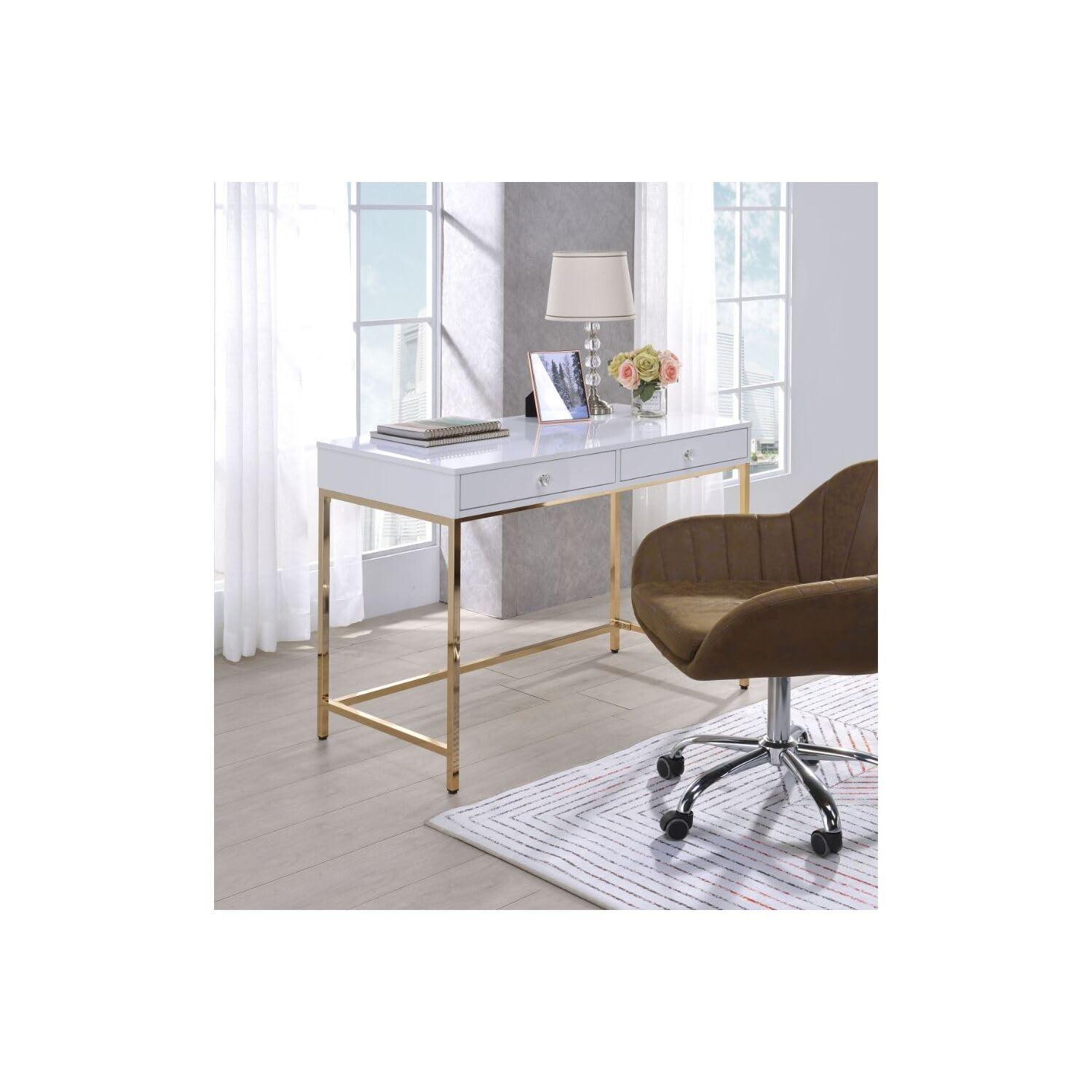 Acme Acme Ottey Desk in White High Gloss and Gold