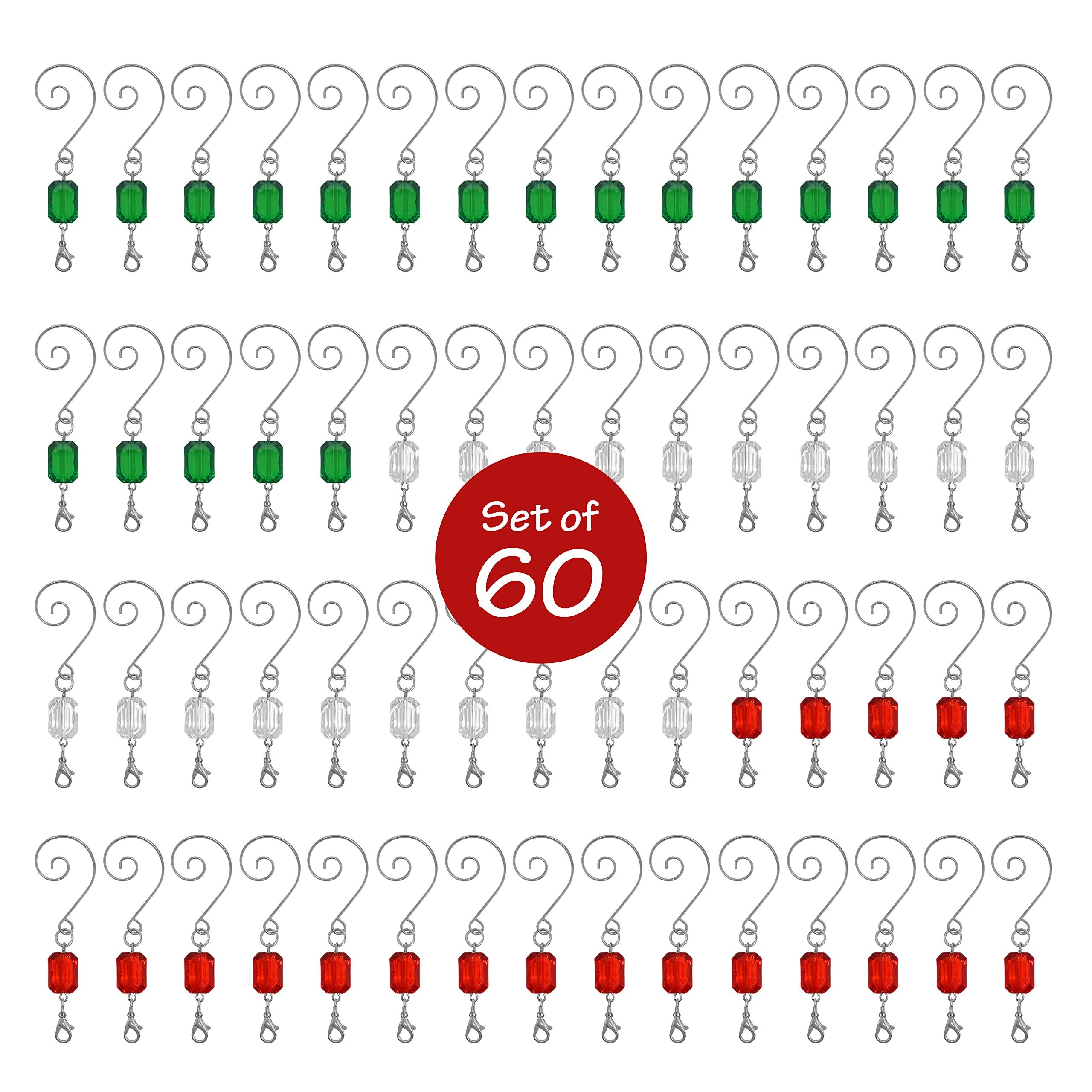 BANBERRY DESIGNS Christmas Ornament Hooks - Set of 120 - Red, Green and Clear Beaded Hangers - Decorative Silver Wire S-Hook with Sparkling Gems - Holiday Seasonal Dcor Accessories