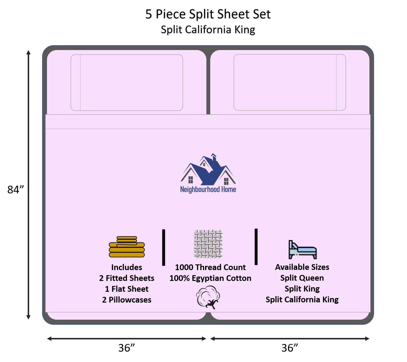 Neighbourhood Home Split California King Egyptian Cotton Sheets Sets for Adjustable Bed 22-Inches Extra Deep Pocket- 1000-Thread-Count, 100% Egyptian Cotton 5-PC Sheet Set Soft Breathable Sateen Weave - Lilac